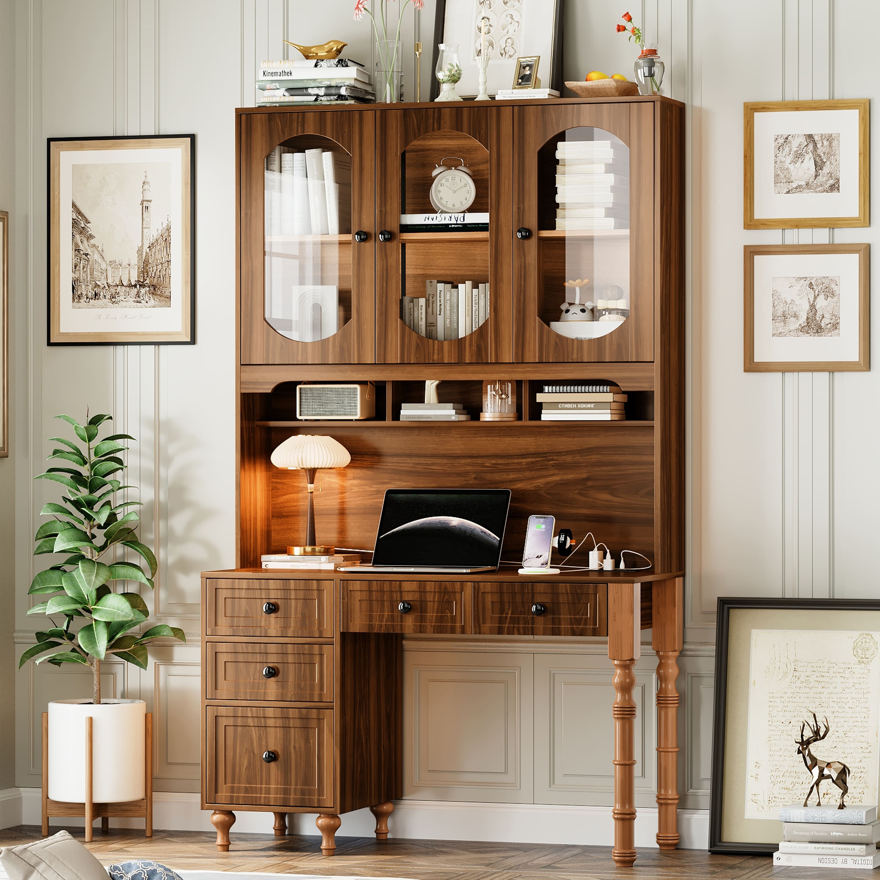 Tiramisubest - 47" Computer Desk with Charging Ports and Hutch,Executive Office Desk with 5 Drawers and Glass-Door Bookshelf - Walnut