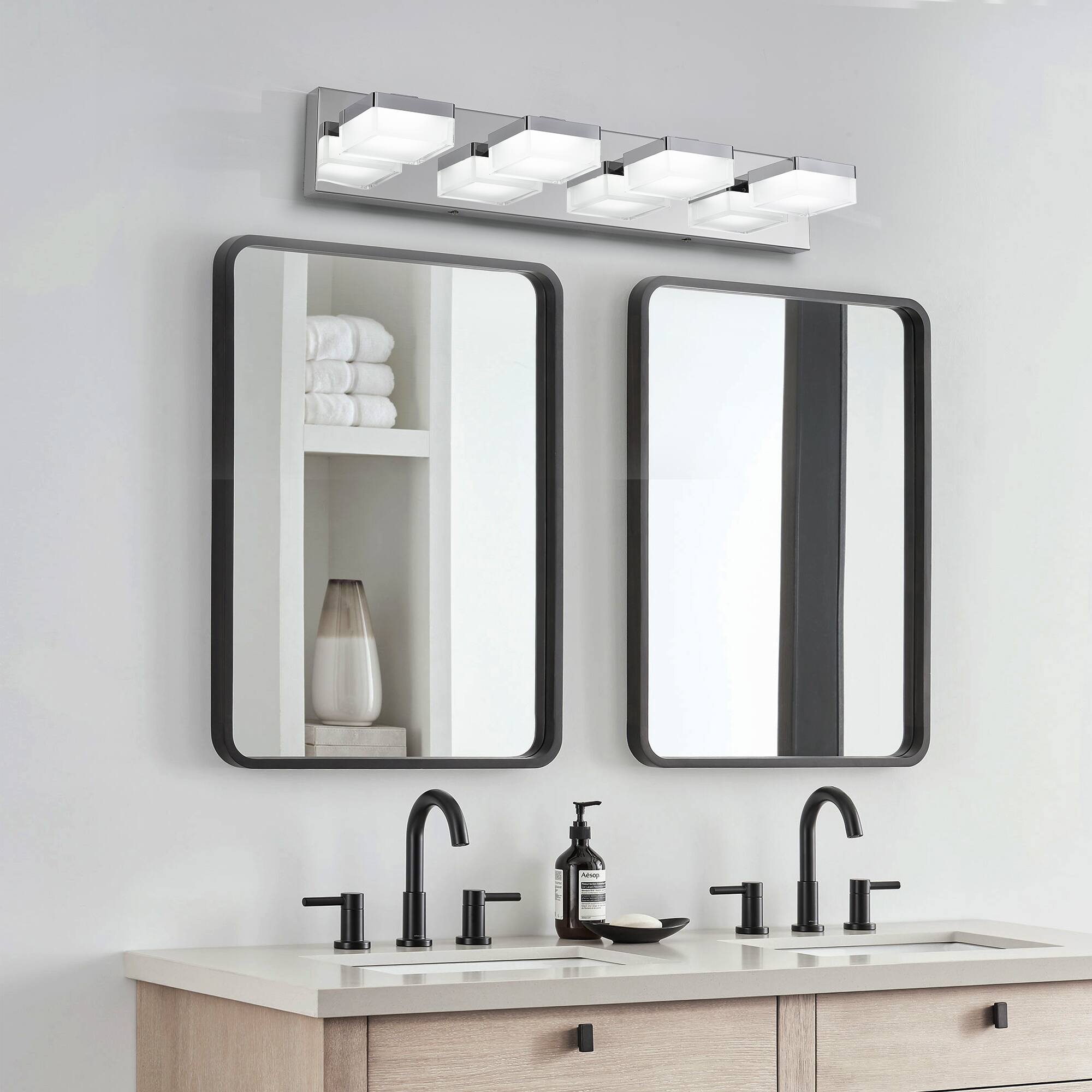 Back. HOMLUX - 24.8 in. 4 Lights Chrome LED Vanity Light Bar with Acrylic Shade.