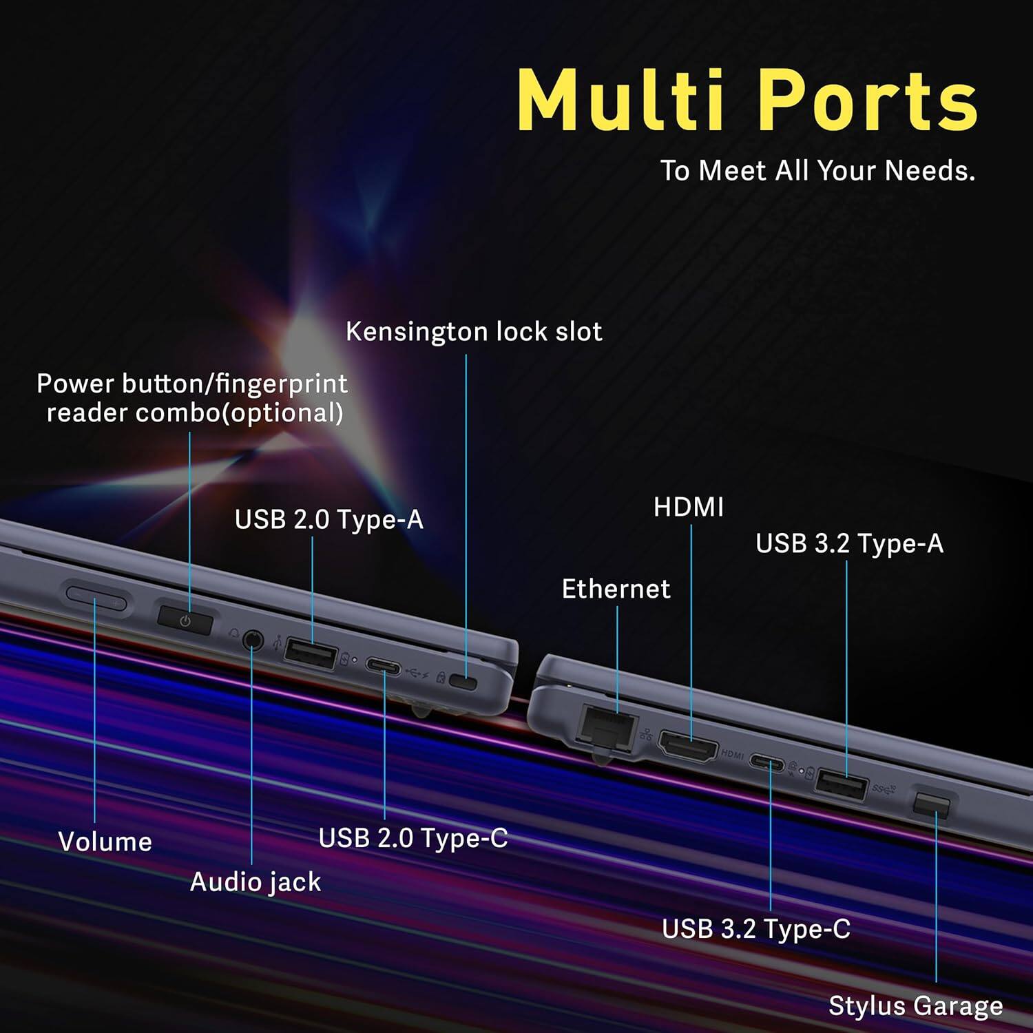 Multi Ports  
To Meet All Your Needs.

- Kensington lock slot
- Power button/fingerprint reader combo (optional)
- USB 2.0 Type-A
- HDMI
- USB 3.2 Type-A
- Ethernet
- USB 2.0 Type-C
- USB 3.2 Type-C
- Stylus Garage
- Volume
- Audio jack