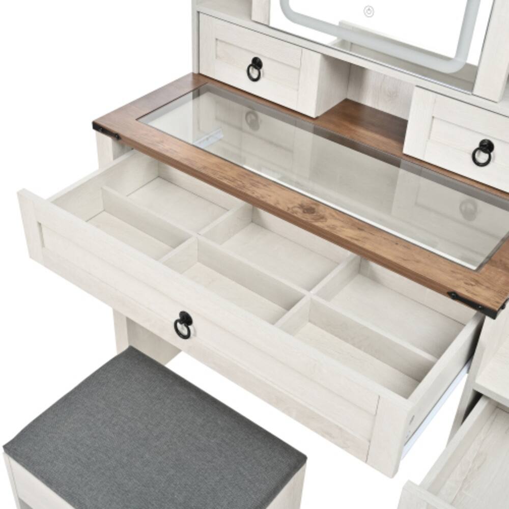 Alt View 1. LUCKY ONE - 42.5in Freestanding Farmhouse Vanity Set with Sliding LED Mirror, Glass Top, Charging Station, 4 Drawers - White.
