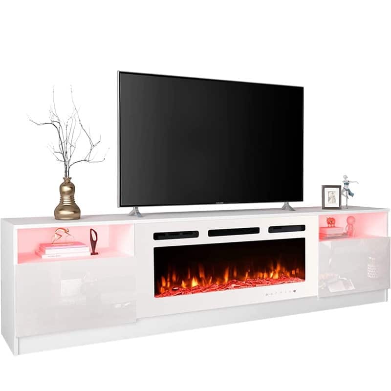 Front. U-HOMY - 36'' Electric Fireplace TV Stand, Modern Entertainment Center with Storage & LED Lights for TVs up to 80'' - White.
