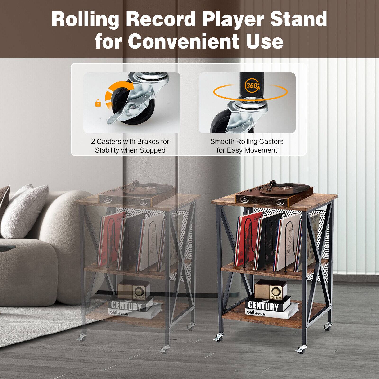 Rolling Record Player Stand for Convenient Use, 2 Casters with Brakes for Stability when Stopped, Smooth Rolling Casters for Easy Movement, CENTURY sei - 110, CENTURY sei - E