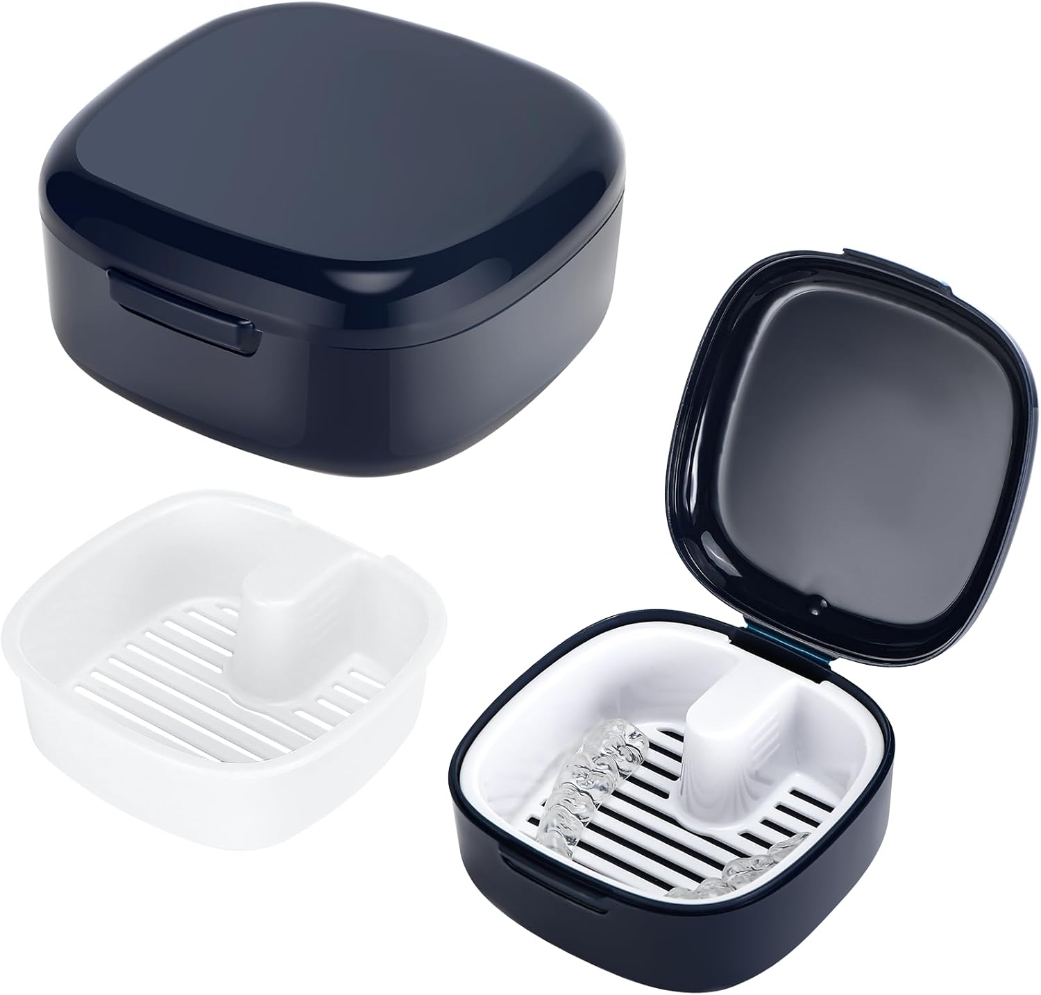 Auledio - 1Pc Denture Box with Strainer, Braces Box,Portable Denture Box Cover,Cleaning Box (Blue)