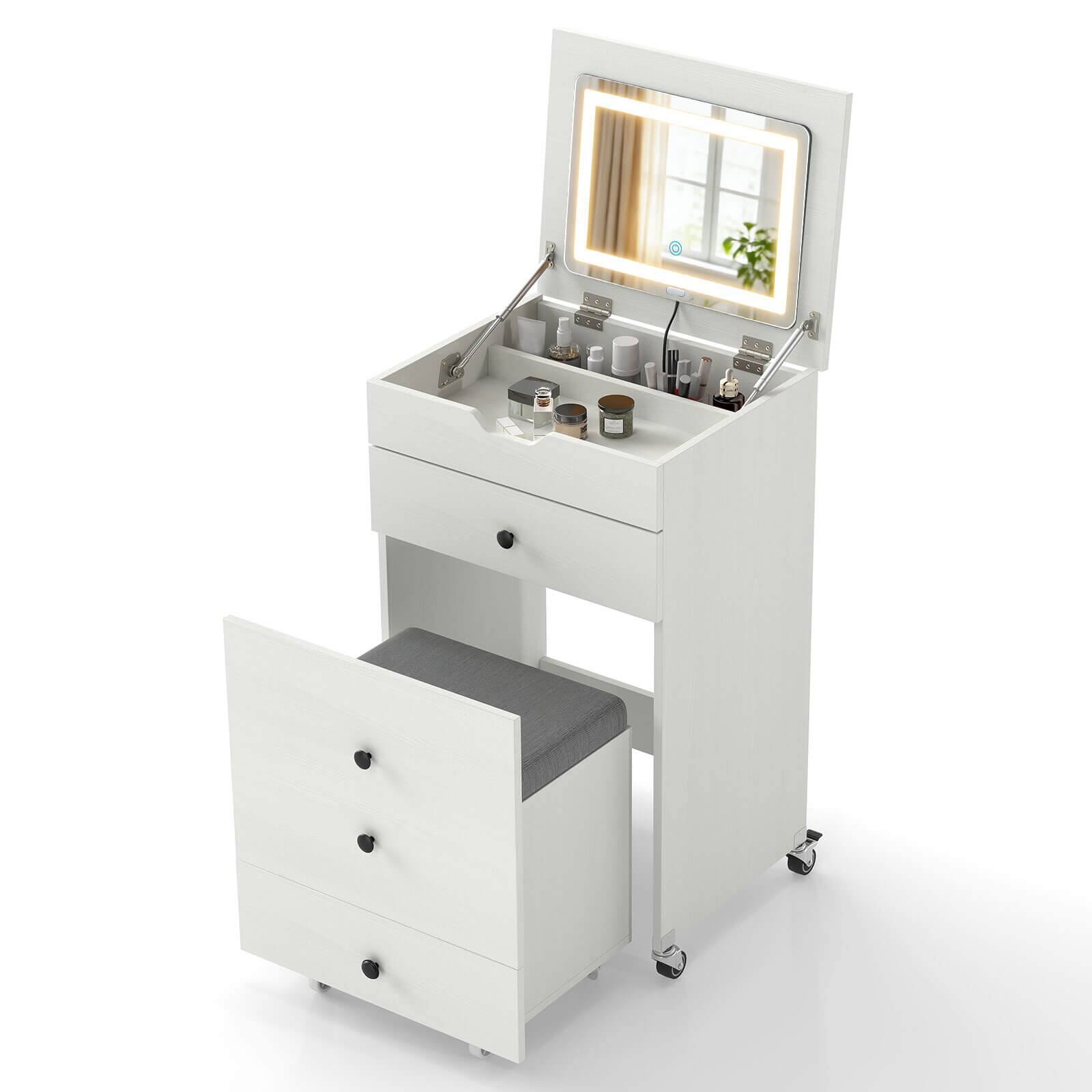 Alt View 1. Costway - Costway 3-in-1 Small Vanity Desk Set with Flip-top Mirror, Lights, Drawers, Storage Stool - White.