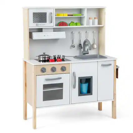 Front. Costway - Costway Kids Kitchen Playset Wooden Pretend Play Chef Toy w/ Microwave & Accessories - White.