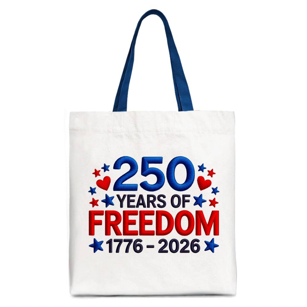 OrnamentallyYou - 252 Years Freedom Faux Varsity Patch Tote Bag, 4th of July USA Patriotic 1776–2026 Gift Shopper - White Navy