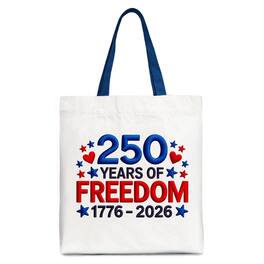 OrnamentallyYou - 252 Years Freedom Faux Varsity Patch Tote Bag, 4th of July USA Patriotic 1776–2026 Gift Shopper - White Navy