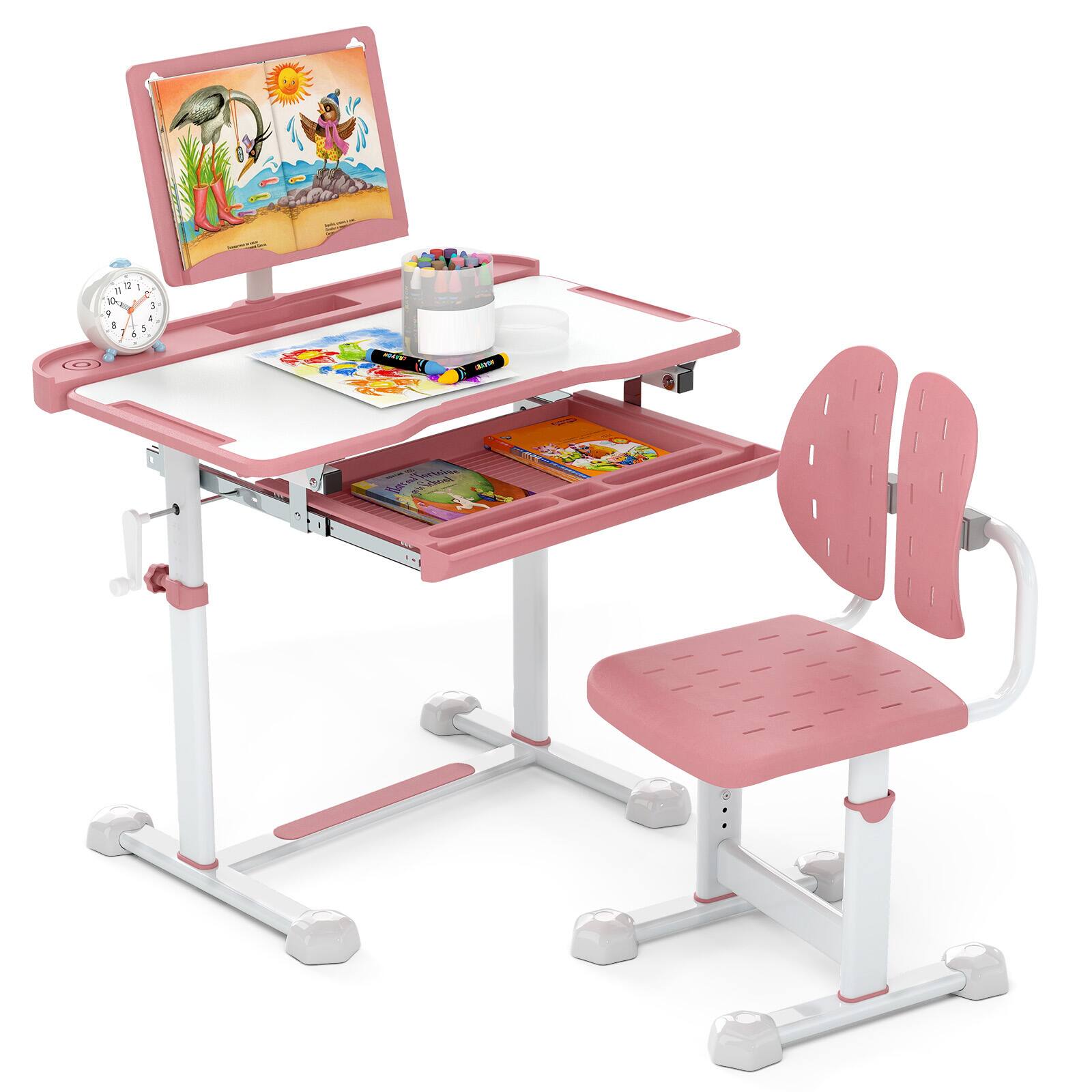 Front. Gymax - Gymax Kid's Study Desk & Chair Set w/Tilt Desktop Book Stand Footrest Bar for Toddlers Pinl - Pink.
