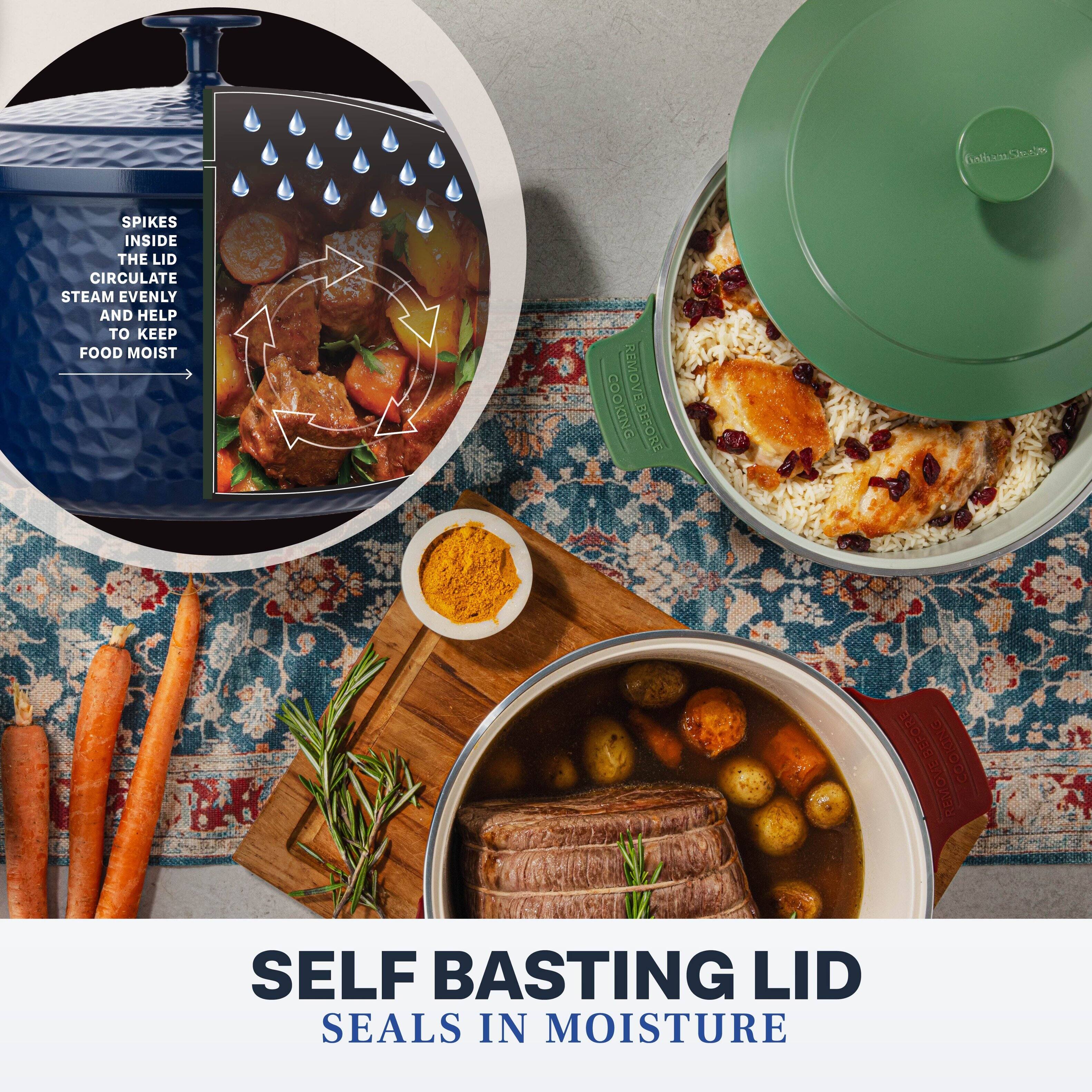 SPIKES INSIDE THE LID CIRCULATE STEAM EVENLY AND HELP TO KEEP FOOD MOIST

SELF BASTING LID
SEALS IN MOISTURE