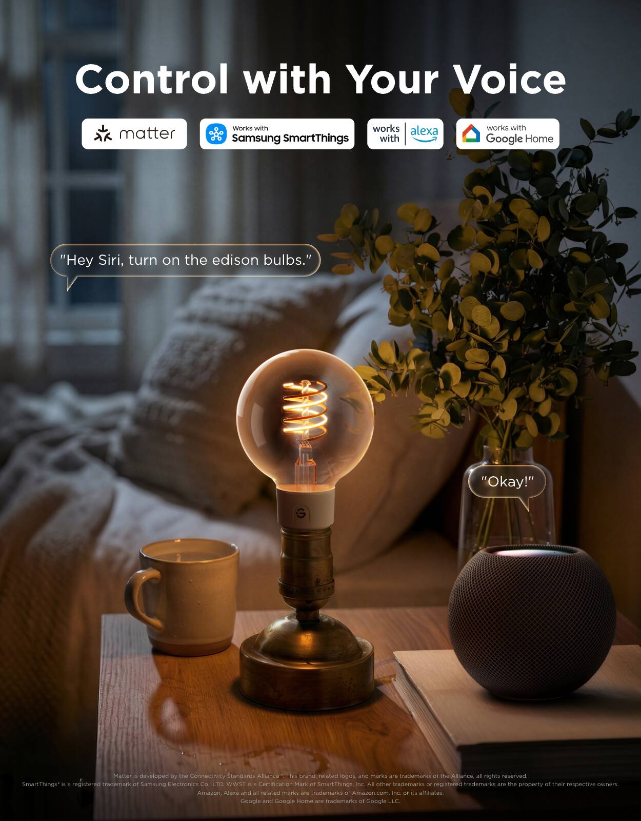 Control with Your Voice

- matter
- Works with Samsung SmartThings
- works with Alexa
- works with Google Home

"Hey Siri, turn on the edison bulbs."
"Okay!"

Matter is developed by the Connectivity Standards Alliance. This brand related logos and marks are trademarks of the Alliance. All rights reserved.

SmartThings™ is a registered trademark of Samsung Electronics Co., LTD. WWi is a Certification Mark of SmartThings Inc. All other trademarks or registered trademarks are the property of their respective owners. Amazon, Alexa and all related marks are trademarks of Amazon.com, Inc. or its affiliates. Google and Google Home are trademarks of Google LLC.