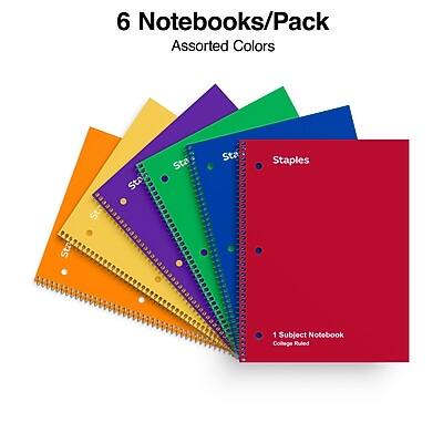 6 Notebooks/Pack  
Assorted Colors  

Staples  
1 Subject Notebook  
College Ruled