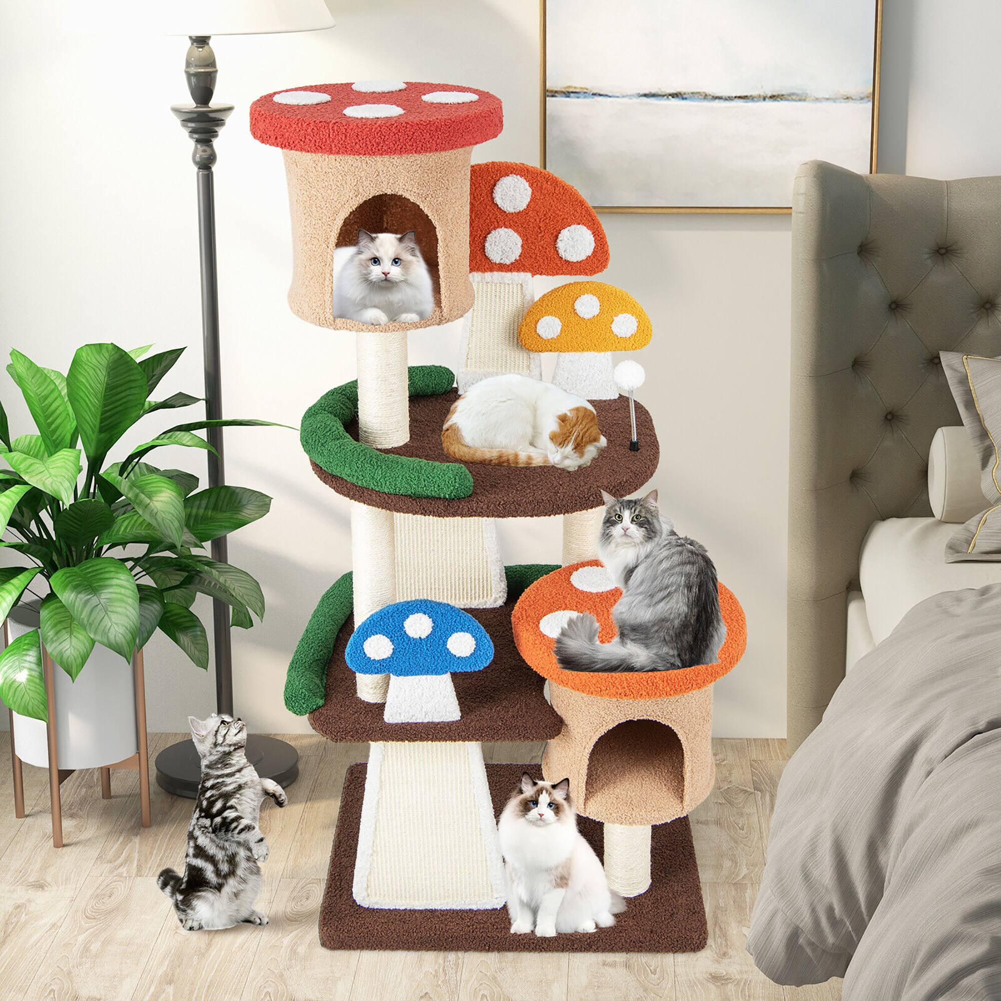 Alt View 3. Gymax - Gymax Wooden Cat Tree w/ Sisal Scratch Board & Post Padded Perch Hanging Toys Modern.