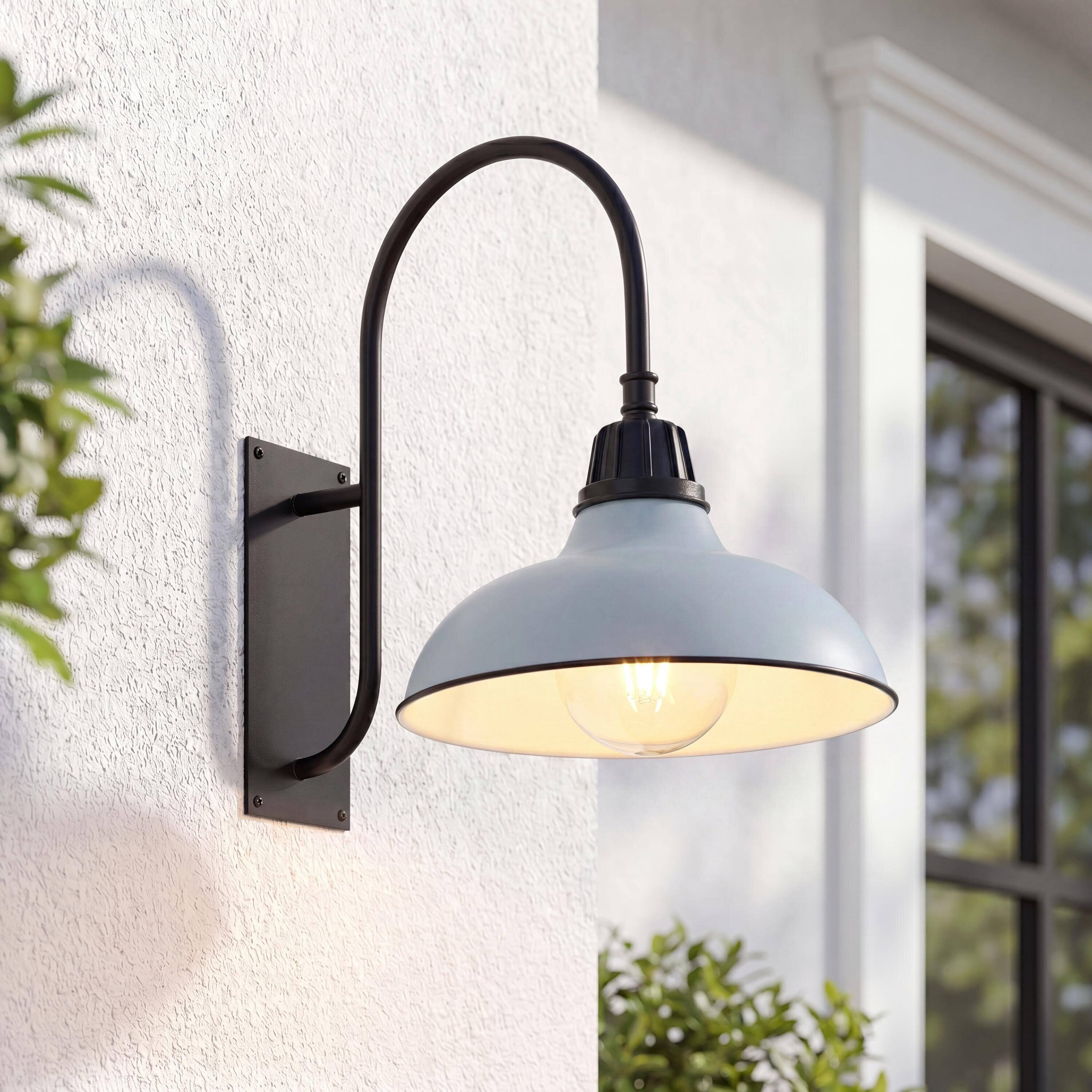 Alt View 1. Jonathan Y - Stanley 12.25" 1-Light Farmhouse Industrial Indoor/Outdoor Iron LED Gooseneck Arm Outdoor Sconce, Matte Silver Blue - Matte Silver Blue/Black.