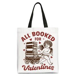 OrnamentallyYou - All Booked For Valentines Cupid Canvas Tote Bag, Vintage Funny Bookworm Gift - White Black