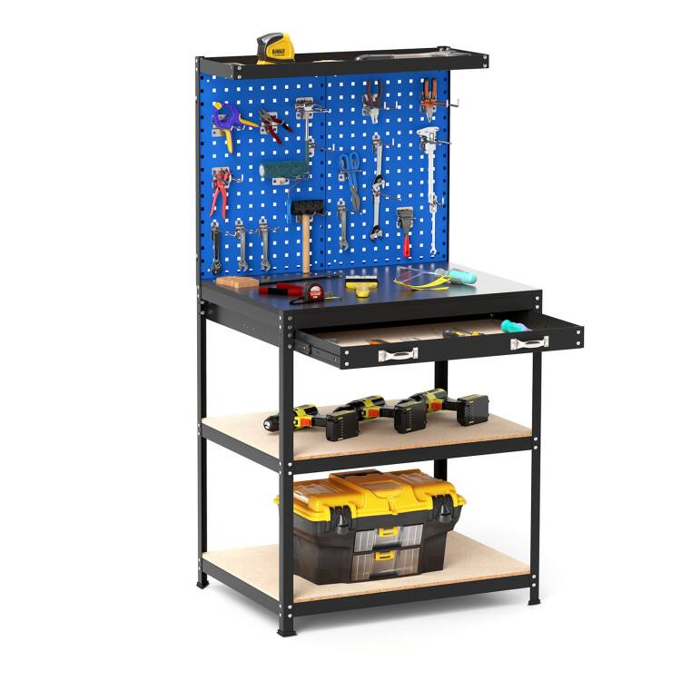 Front. SKONYON - 32 x 16 Inch Heavy Duty Workbench with Pegboard Drawer and Shelves.