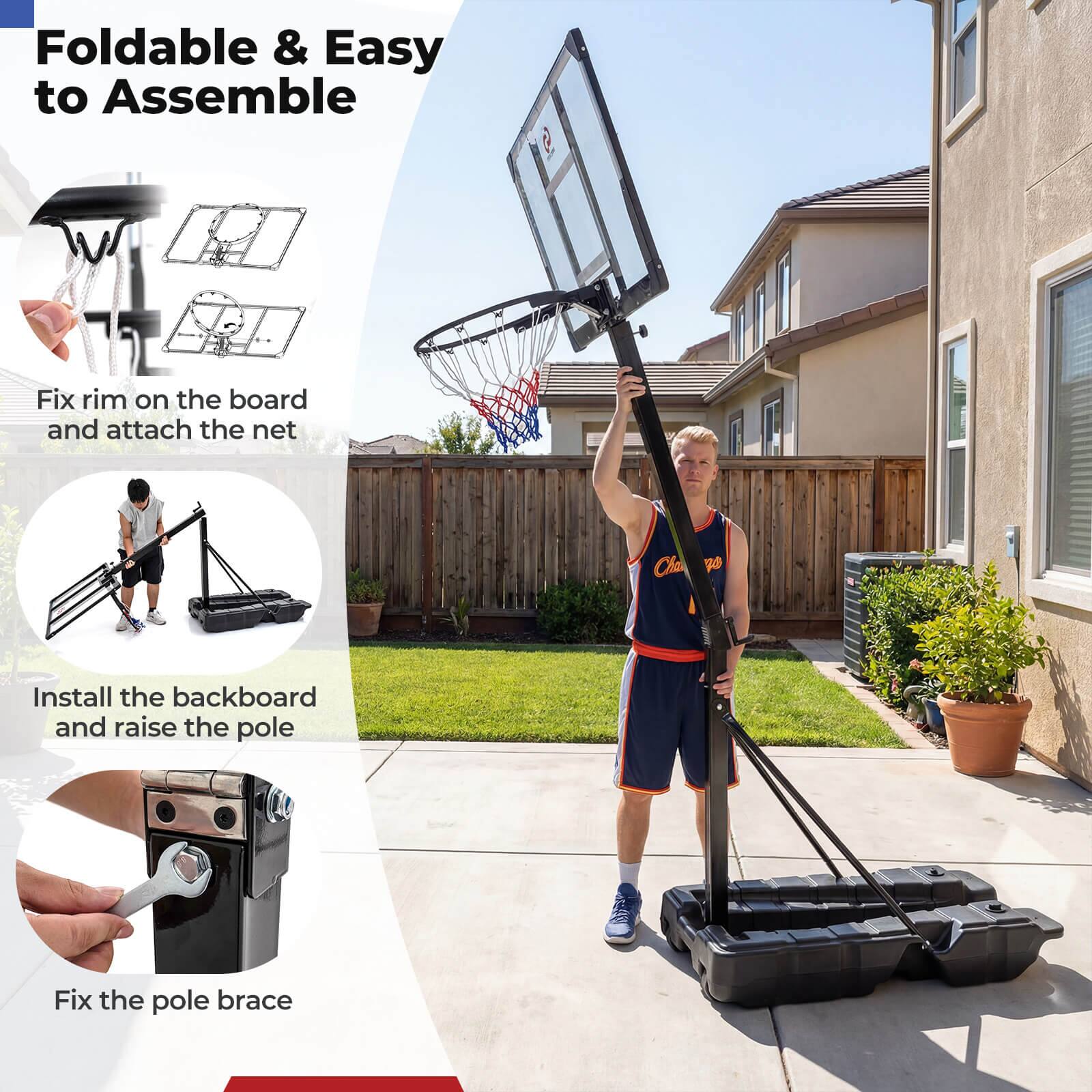 Foldable & Easy to Assemble

1. Fix rim on the board and attach the net
2. Install the backboard and raise the pole
3. Fix the pole brace