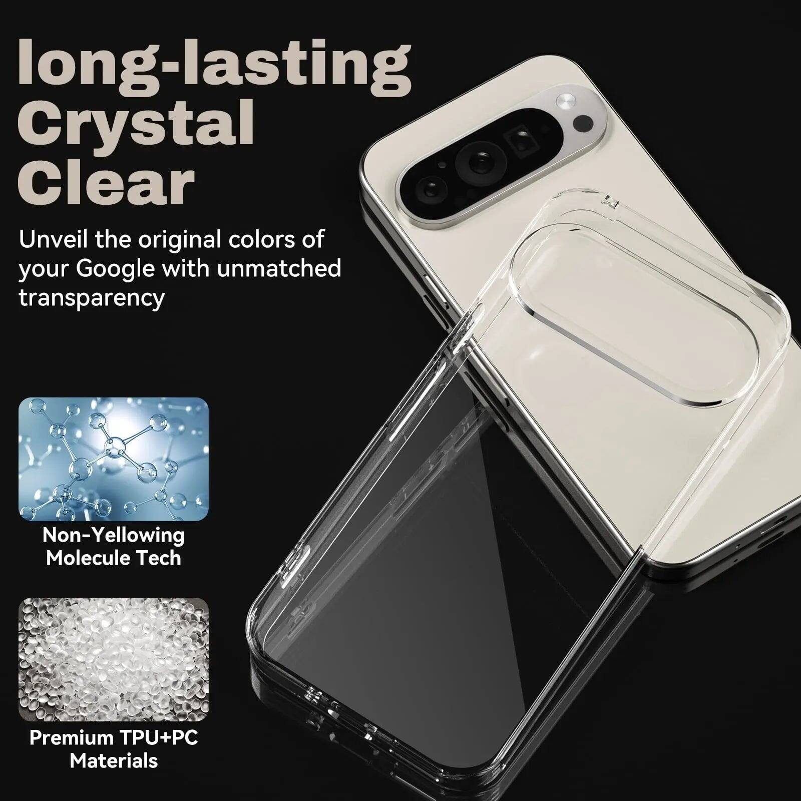 long-lasting Crystal Clear  
Unveil the original colors of your Google with unmatched transparency  
Non-Yellowing Molecule Tech  
Premium TPU+PC Materials