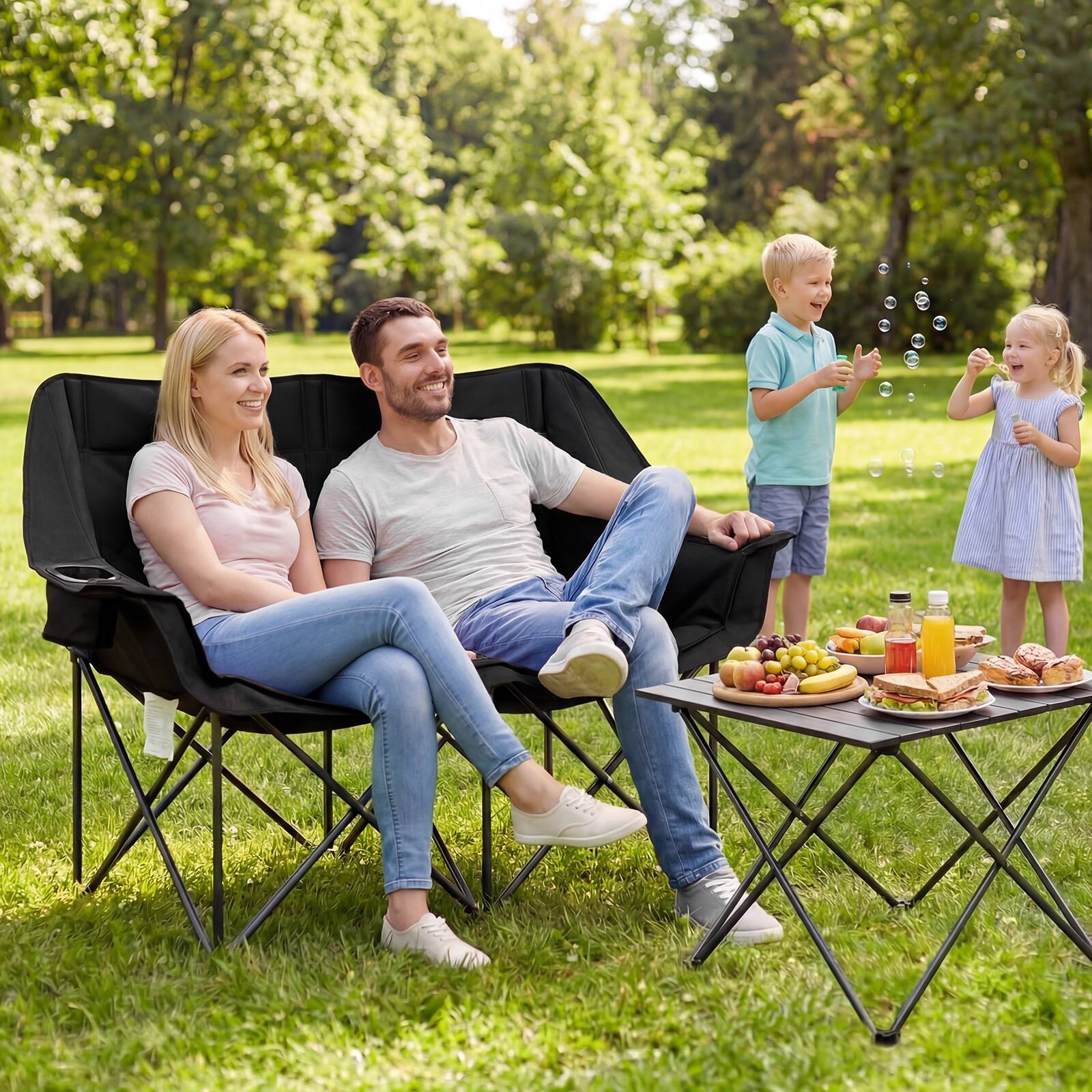 Alt View 9. Gymax - Gymax Double Camping Chair w/ Cup Holders Glass Racks & Mesh Pockets Carry Bag Black - Black.