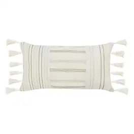 Manhattan Lane - Pini Lumbar Throw Pillow, Boho Striped Design, 14x26 Inch Linen - Beige