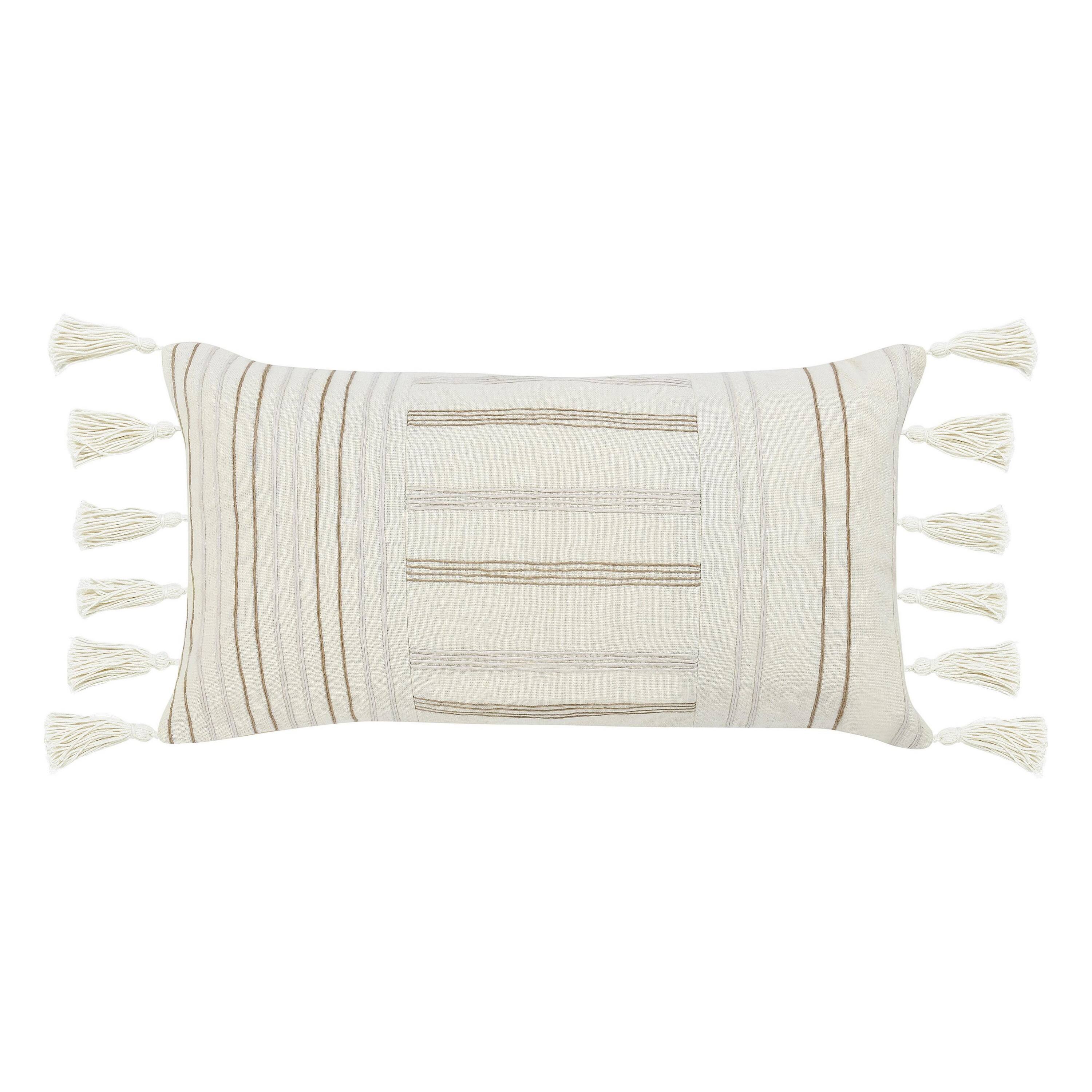 Front. Manhattan Lane - Pini Lumbar Throw Pillow, Boho Striped Design, 14x26 Inch  Linen - Beige.