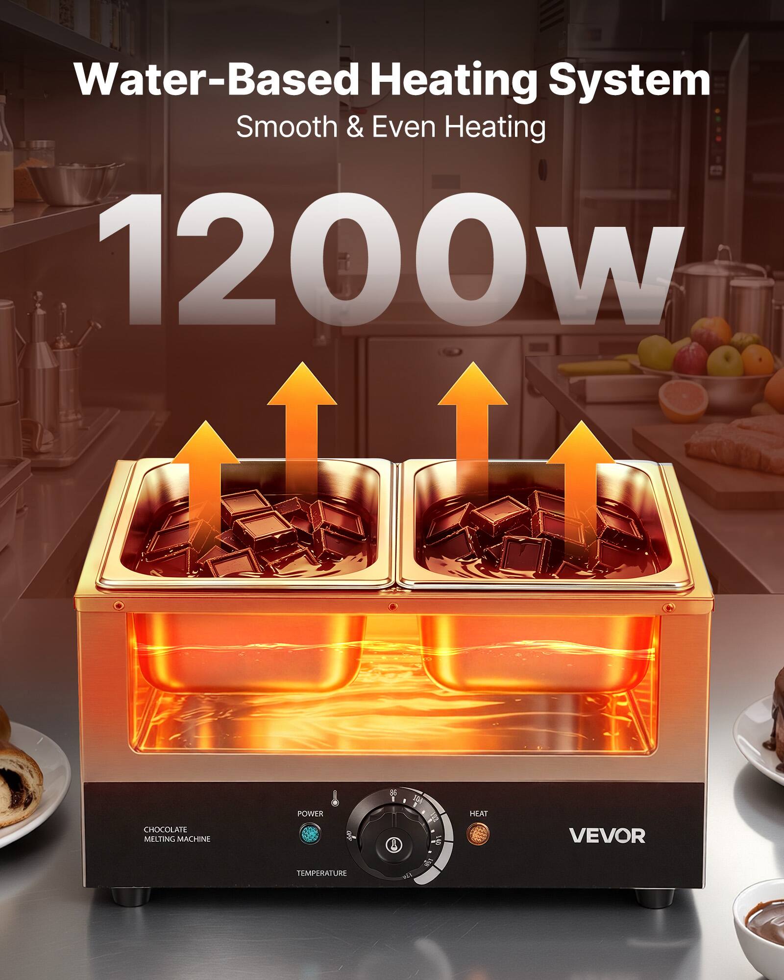 Water-Based Heating System  
Smooth & Even Heating  
1200w  

CHOCOLATE MELTING MACHINE  
POWER  
HEAT  
VEVOR  
TEMPERATURE