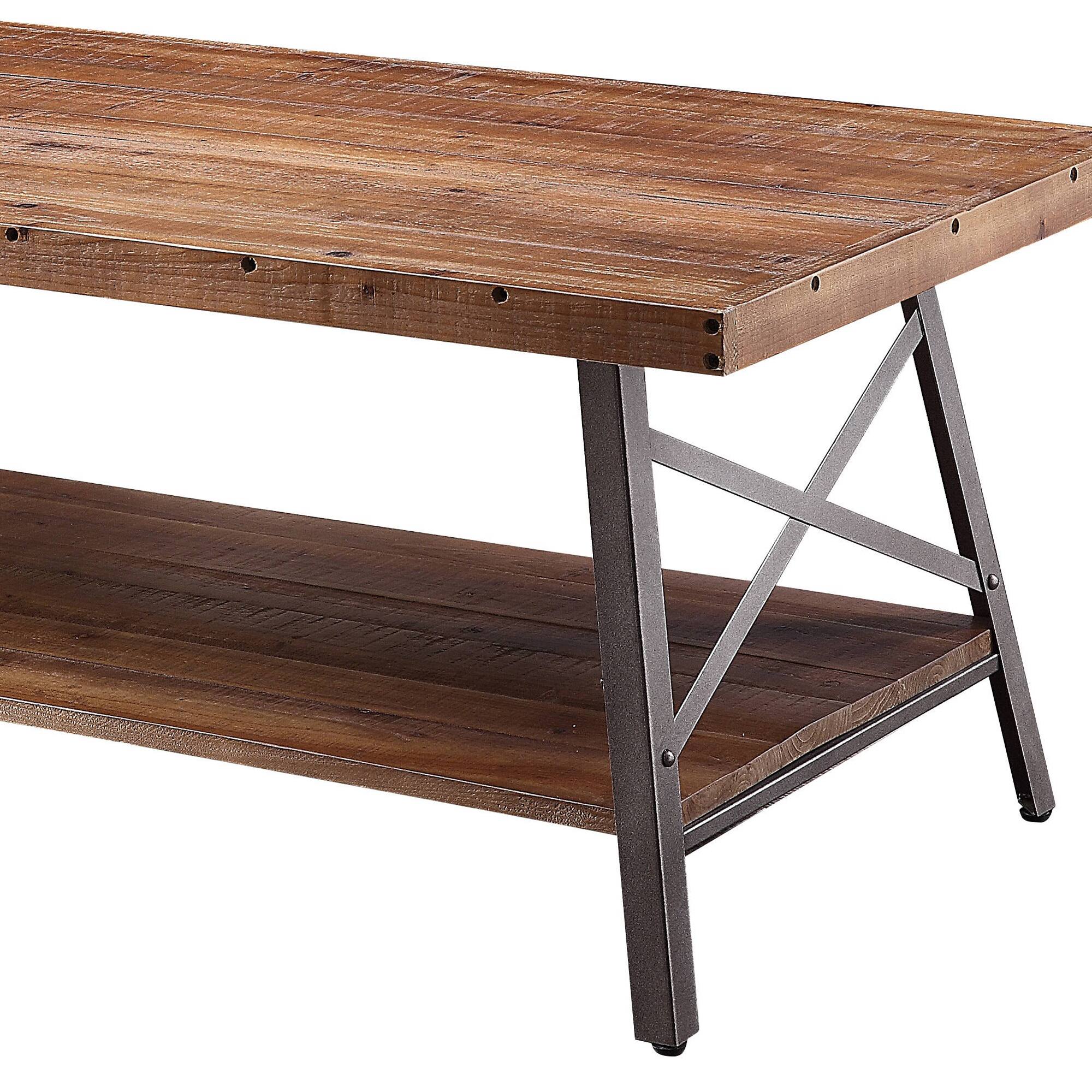 Alt View 3. Manhattan Lane - Wooden Coffee Table with X Crossed Metal Sides and Open Shelf - Brown and Black.