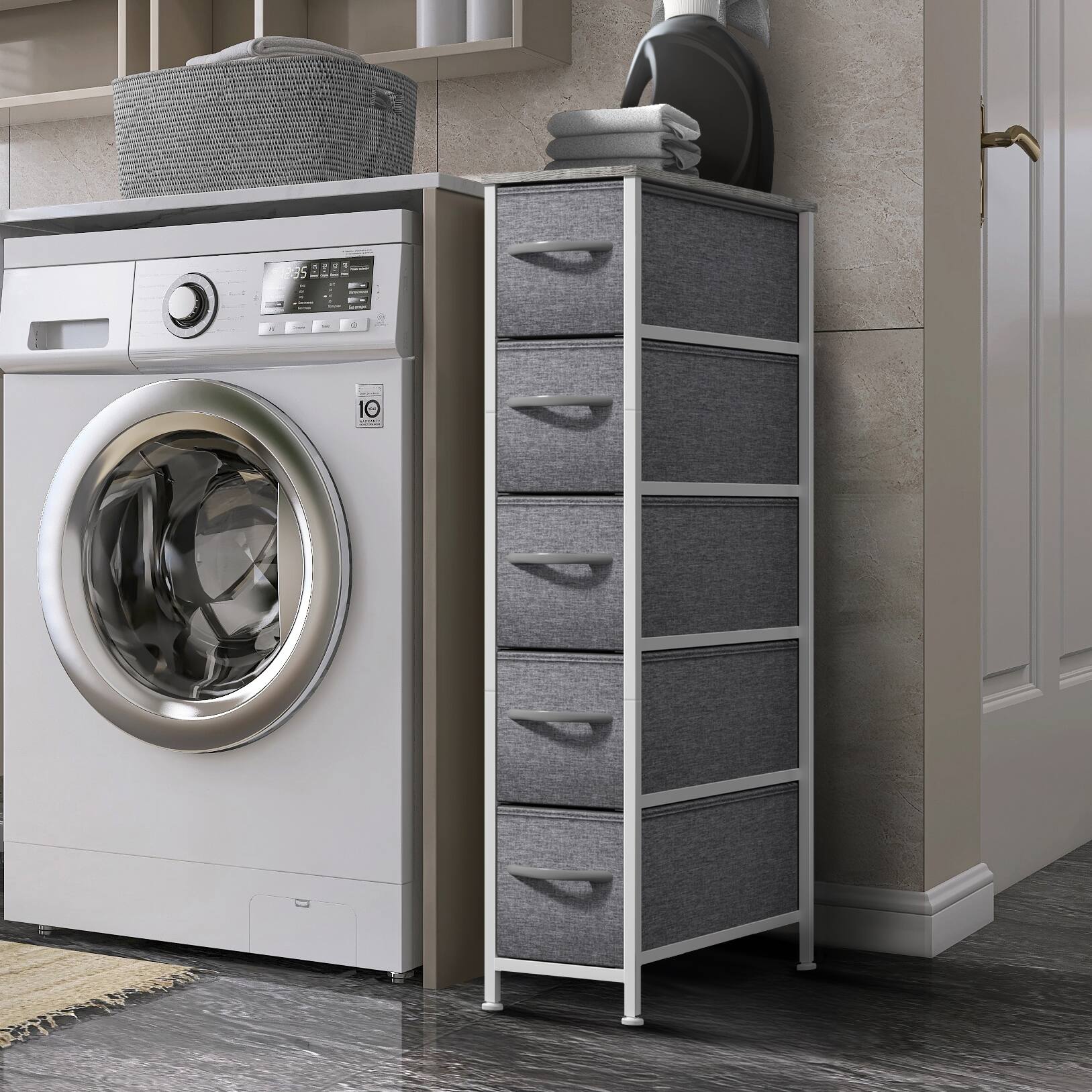 Angle. Sorbus - Sorbus 5 Drawers Narrow Dresser with Steel Frame, Wood Top & Fabric Bins for Small Spaces, Closets, Bedrooms, Bathrooms - Gray.