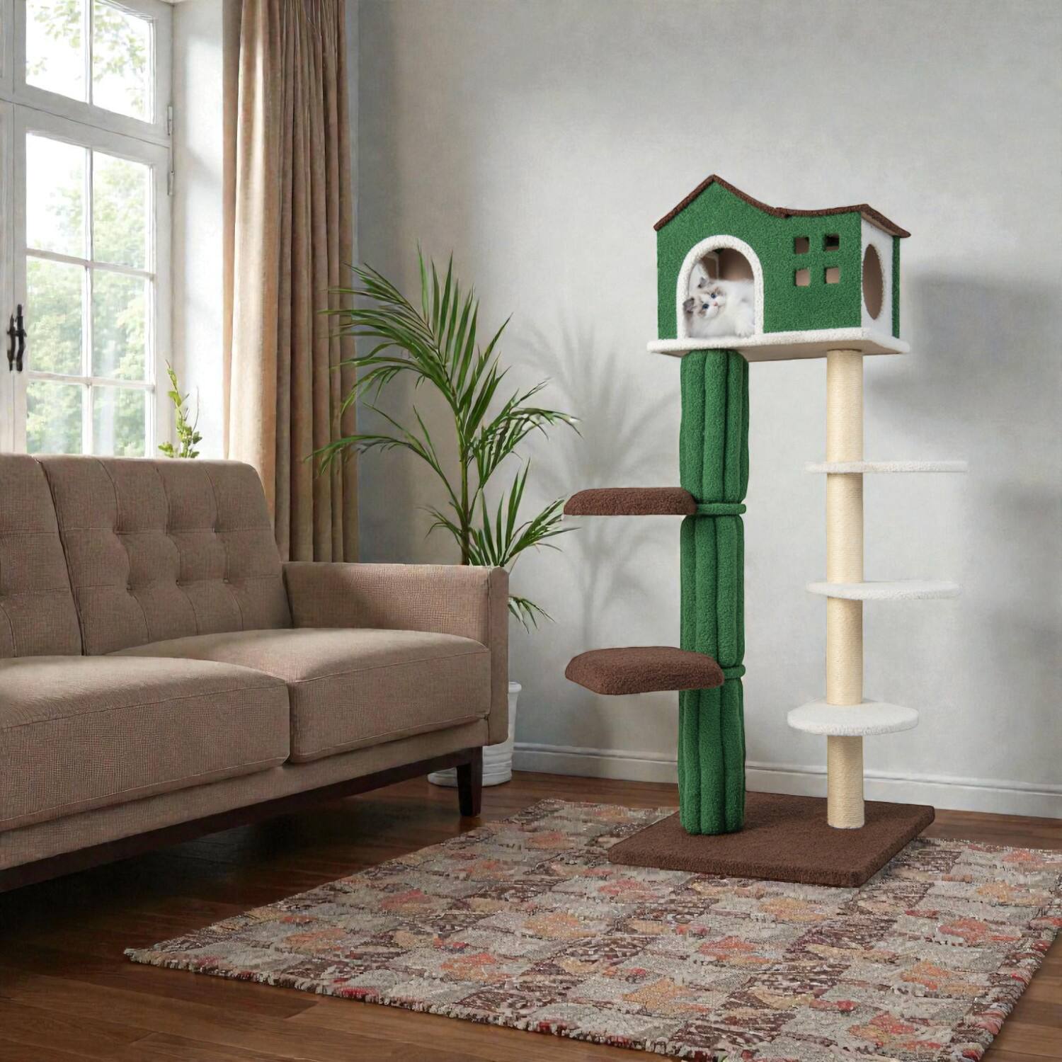 Front. BreeBe - Cat Activity Tree with Multiple Levels, Condo, and Anti-Tipping Feature - Green.