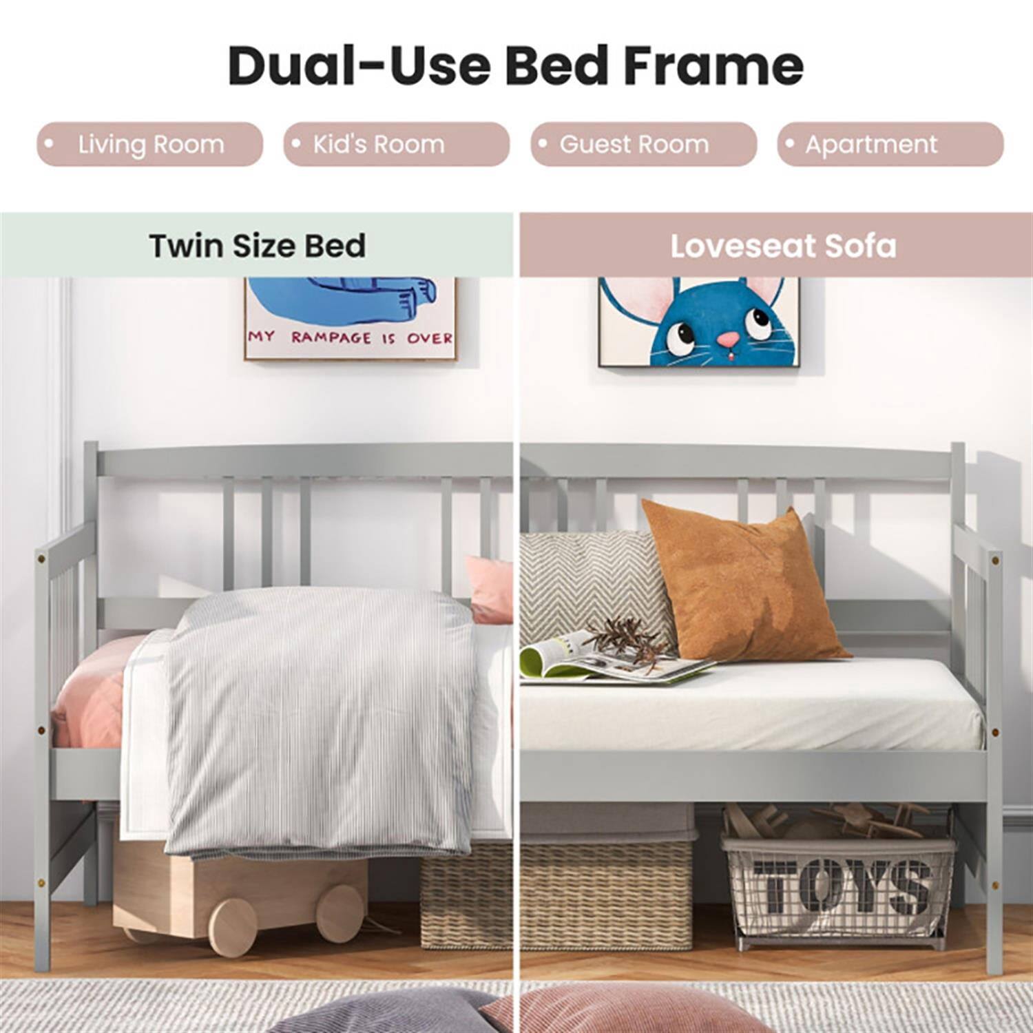 Dual-Use Bed Frame  
Living Room  
Kid's Room  
Guest Room  
Apartment  

Twin Size Bed  
Loveseat Sofa  

MY RAMPAGE IS OVER  

TOYS