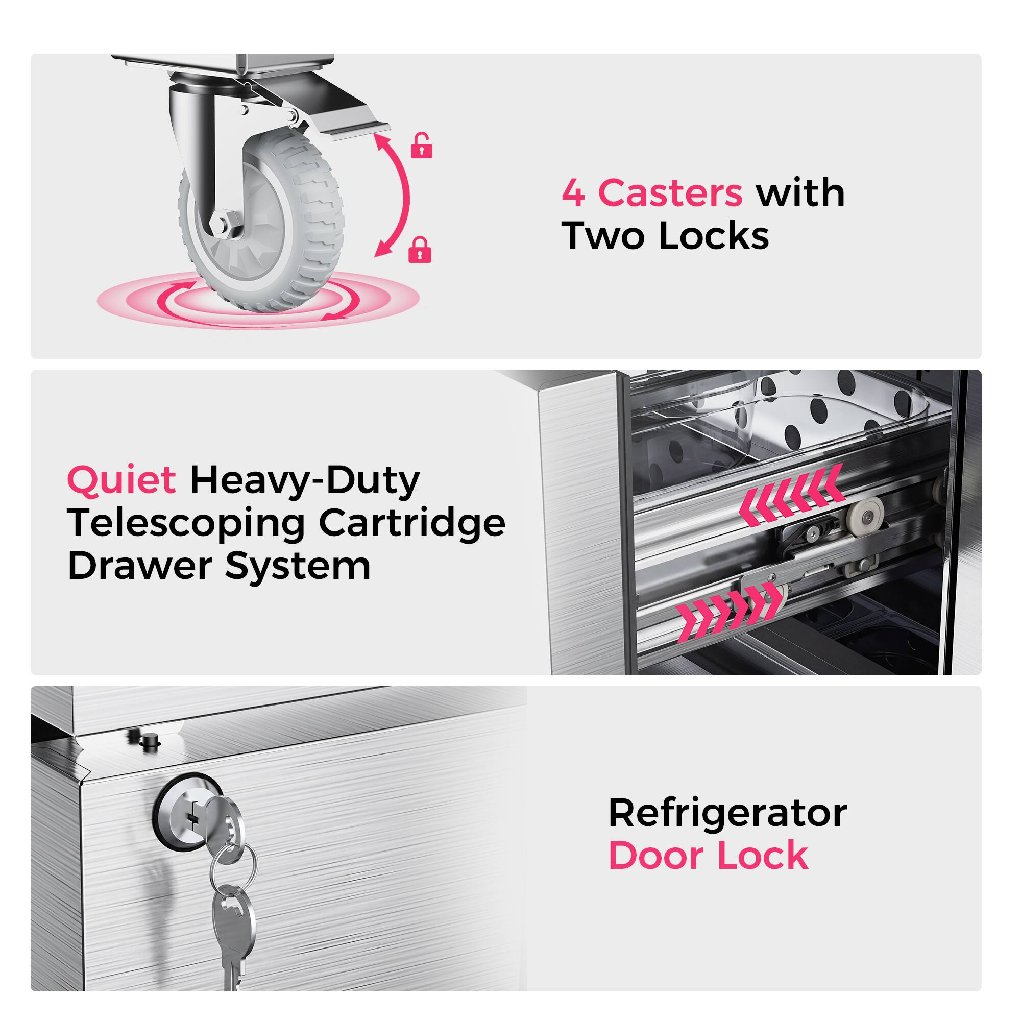 1. 4 Casters with Two Locks
2. Quiet Heavy-Duty Telescoping Cartridge Drawer System
3. Refrigerator Door Lock