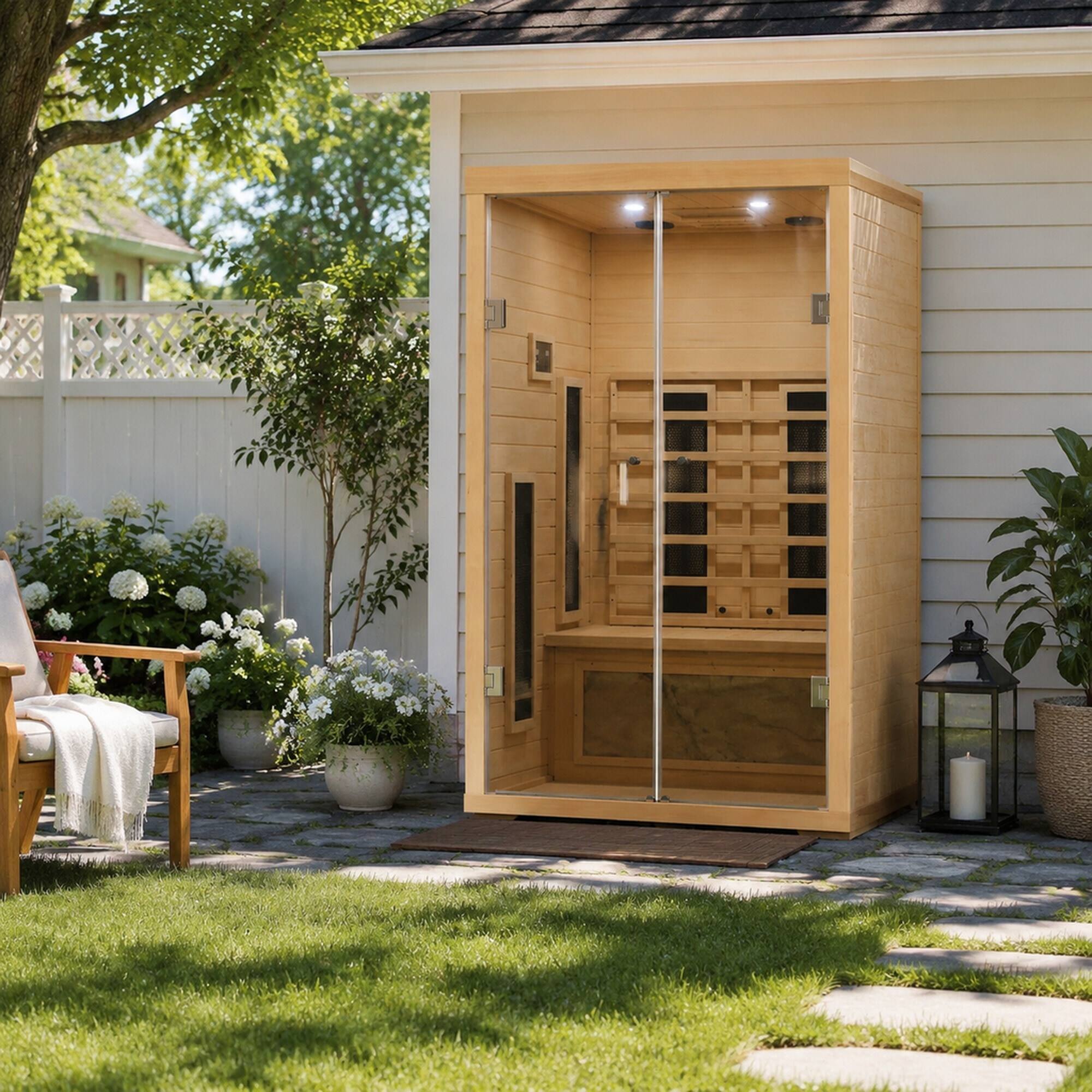 Alt View 2. RYHNUYNE - Two-Person Hemlock Wood Far-Infrared Sauna Room, Clear Wood Grain, Carbon Crystal Heating Panels, Indoor Use - Natural.