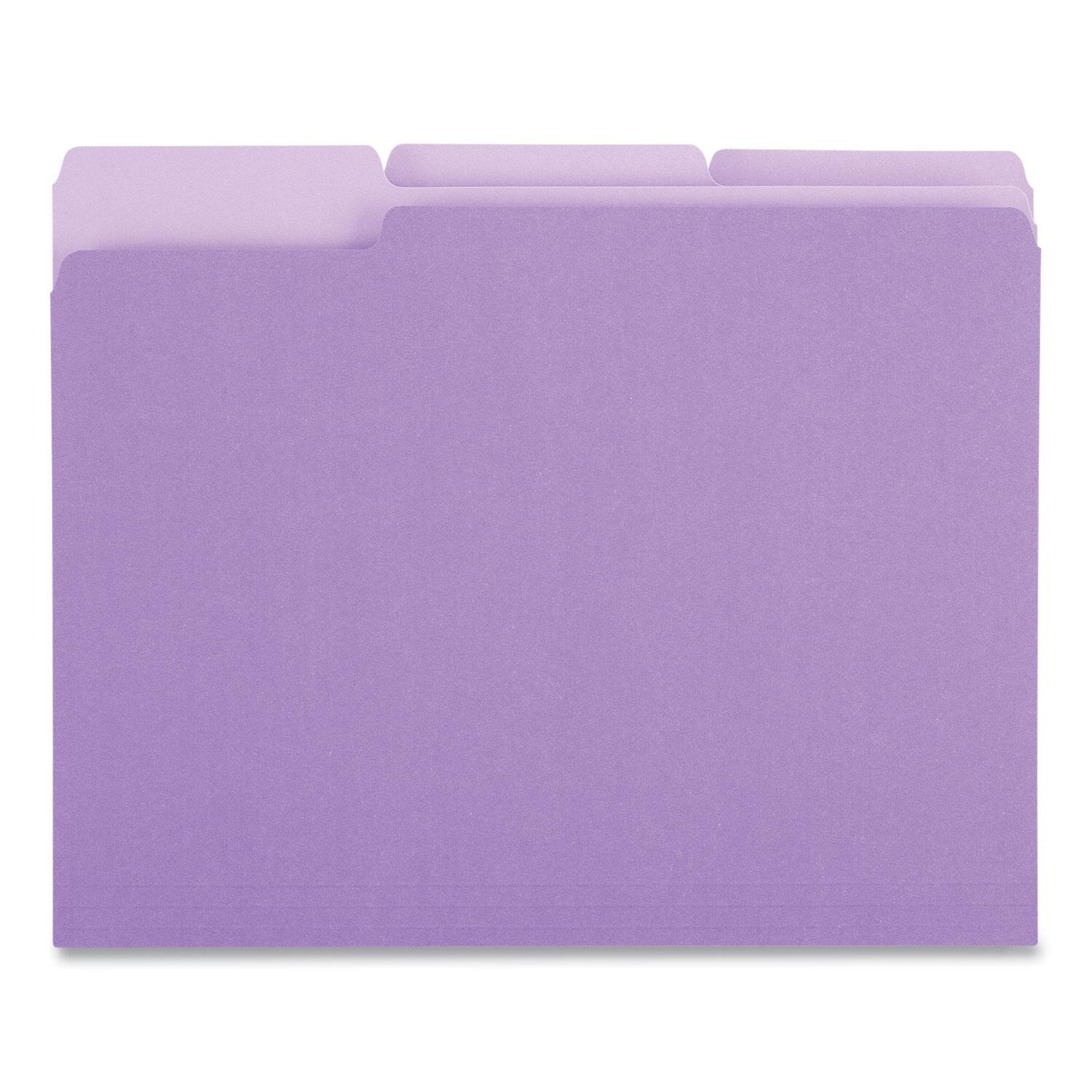 Left. Universal - Deluxe Colored Top Tab File Folders, 1/3-Cut Tabs: Assorted, Letter Size, Violet/Light Violet, 100/Box.