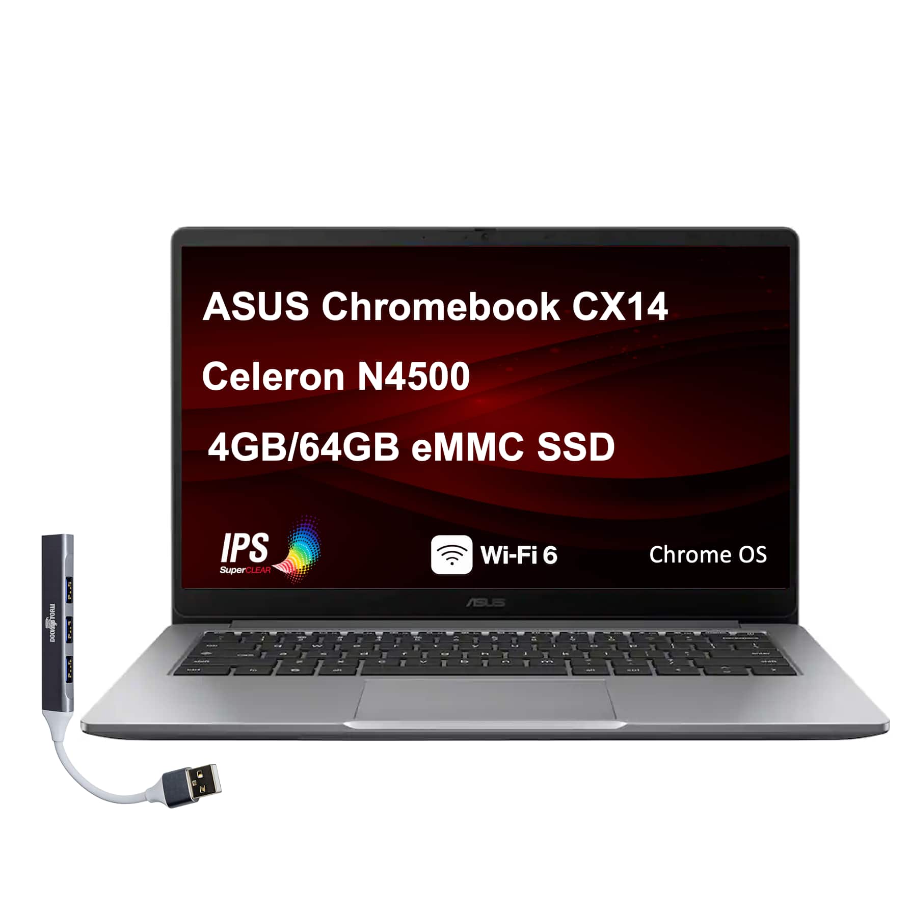 ASUS - CX14 Chromebook 14.0" IPS FHD (Celeron N4500,4GB RAM, 64GB SSD, Chrome OS)w/USB Hub - Misty Grey