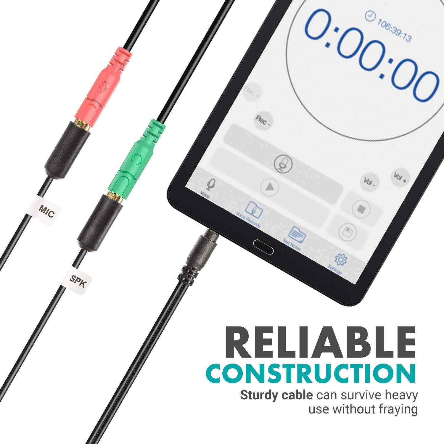 MIC  
SPK  

106:39:13  
Rec 0:00:00  

Rec Vol + Vol Q Vie Records Boeet Notes Settings  

RELIABLE CONSTRUCTION  
Sturdy cable can survive heavy use without fraying