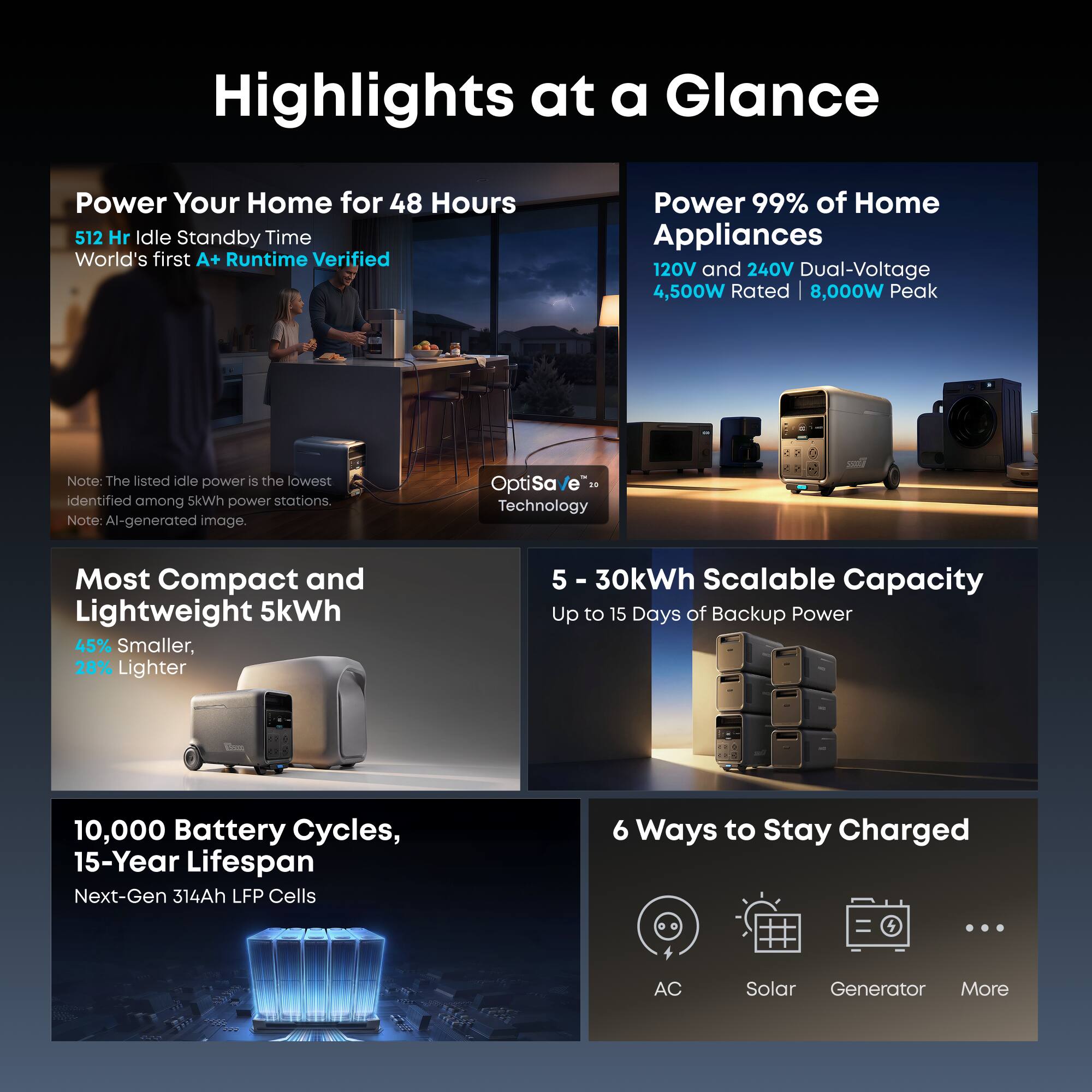 Highlights at a Glance

- Power Your Home for 48 Hours
  - 512 Hr Idle Standby Time
  - World's first A+ Runtime Verified

- Power 99% of Home Appliances
  - 120V and 240V Dual-Voltage
  - 4,500W Rated | 8,000W Peak

- Most Compact and Lightweight 5kWh
  - 45% Smaller, 28% Lighter

- 5 - 30kWh Scalable Capacity
  - Up to 15 Days of Backup Power

- 10,000 Battery Cycles, 15-Year Lifespan
  - Next-Gen 314Ah LFP Cells

- 6 Ways to Stay Charged
  - AC
  - Solar
  - Generator
  - More

Note: The listed idle power is the lowest identified among 5kWh power stations.
Note: AI-generated image.