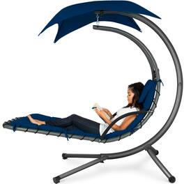 Best Choice Products - Hanging Curved Chaise Lounge Chair Swing w/ Pillow, Shade, Stand - Navy Blue
