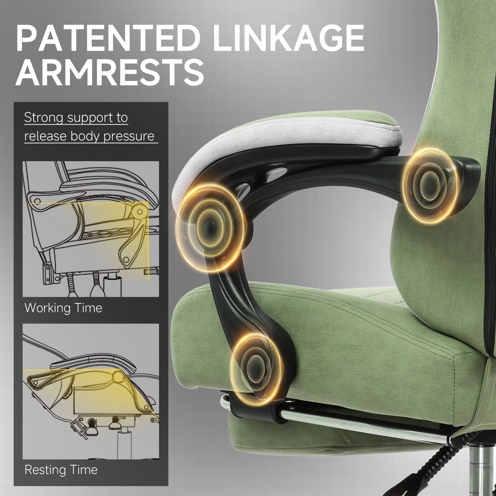 PATENTED LINKAGE ARMRESTS

Strong support to release body pressure

Working Time

Resting Time