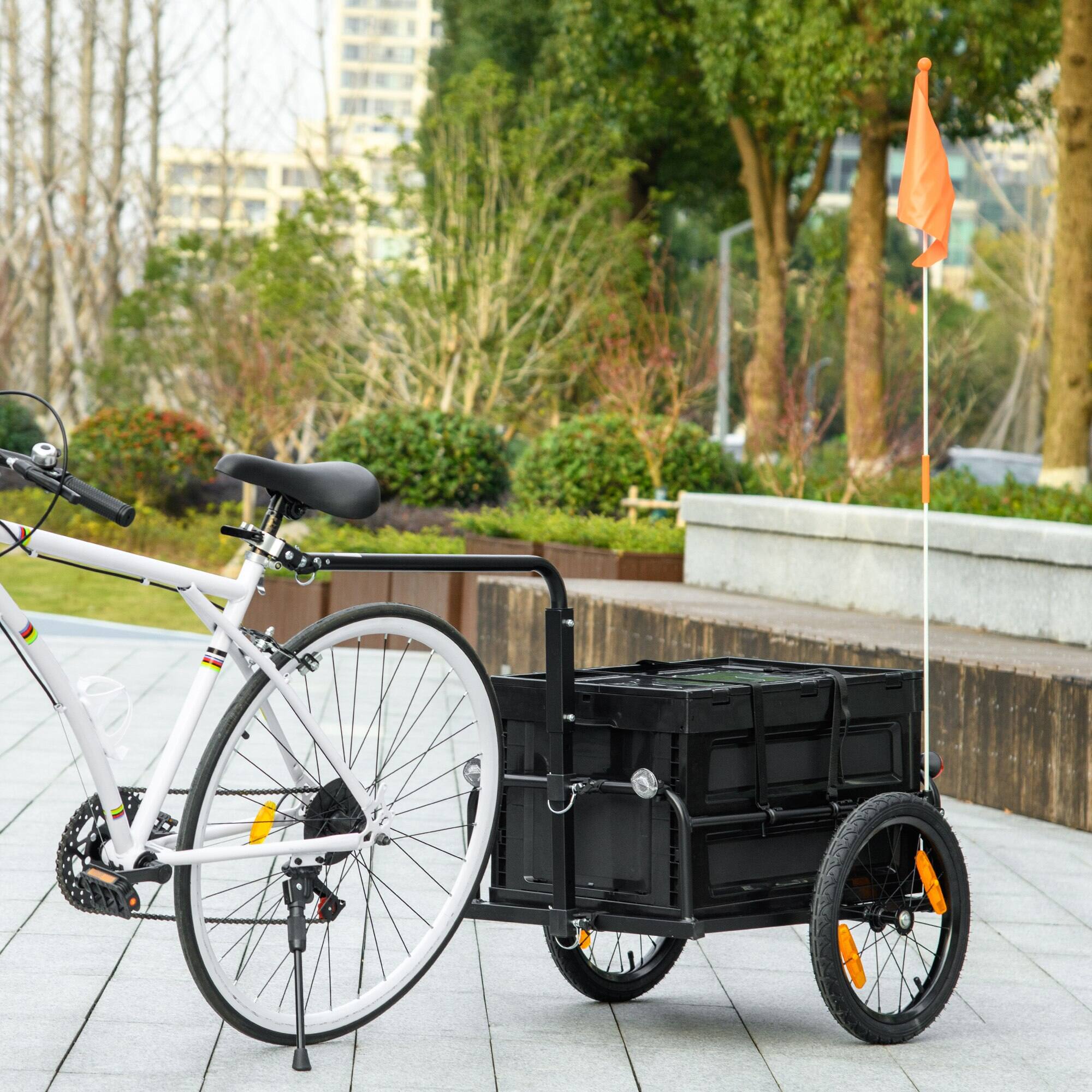 Angle. Siljoy - Bike Cargo Trailer with Removable Storage Box, Quick‑Release 16" Wheels & Safety Reflectors, 88 lb Capacity.