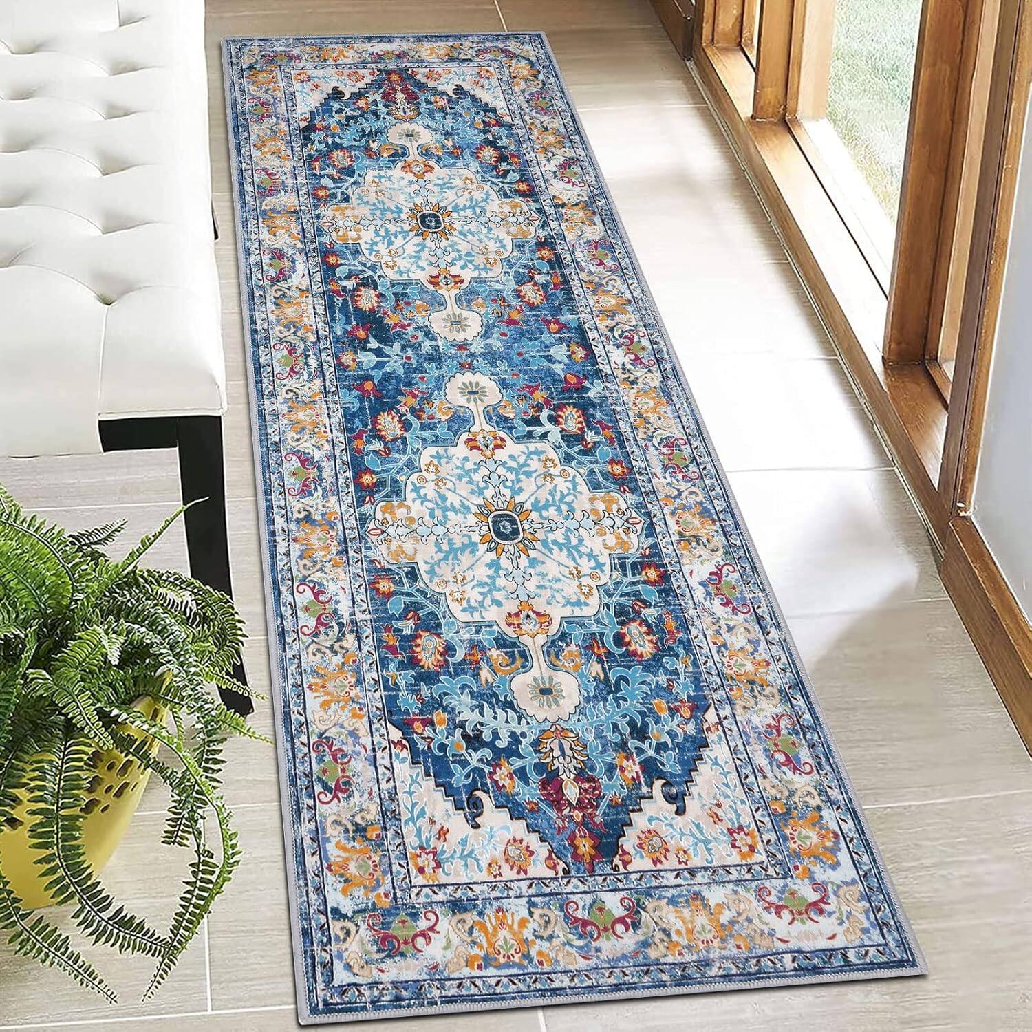 FINEAK - Boho 2'x6' Washable Non-Slip Hallway Runner Rug - Blue