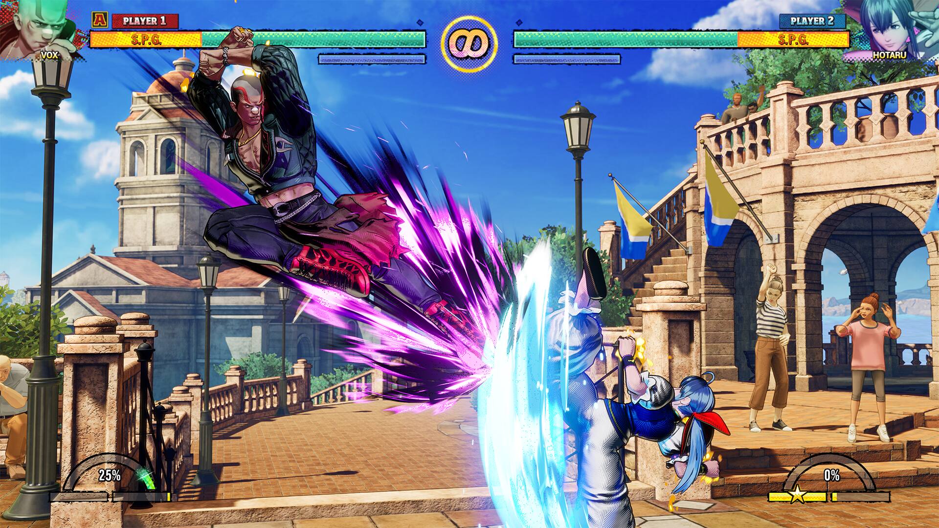 Vox, a player 1 S.P.G., has 9% health left, while Player 2 S.P.G. has 0% health left. Hotaru has 25% health left.