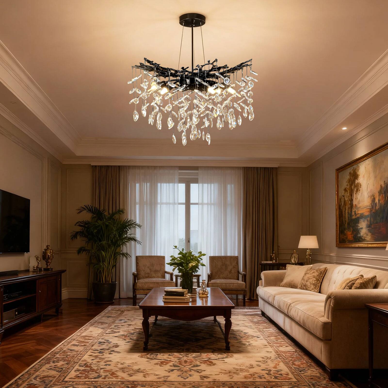 Alt View 1. Unique Bargains - Crystal Chandelier D23.7" Modern Chandeliers for Dining Room K9 Tree Branches 6-Light Living Room Chandelier - Black.