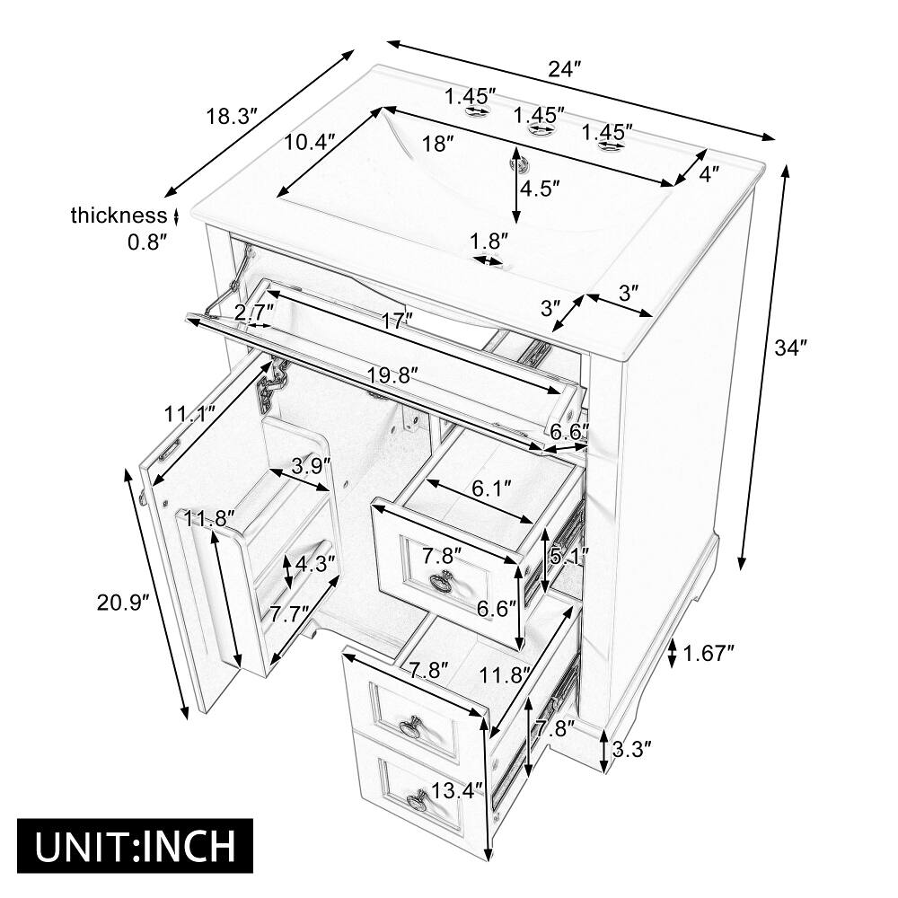 18.3" 10.4" thickness 0.8"
24" 1.45" 1.45" 1.45" 18" 4.5" 1.8"
4"
2.7"
17" 19.8"
3"
3"
34"
11.1" 11.8"
3.9"
6.1"
6.6"
4.3"
7.8"
5.1"
20.9"
7.7"
6.6"
7.8"
11.8"
1.67"
7.8"
3.3"
13.4"
UNIT: INCH