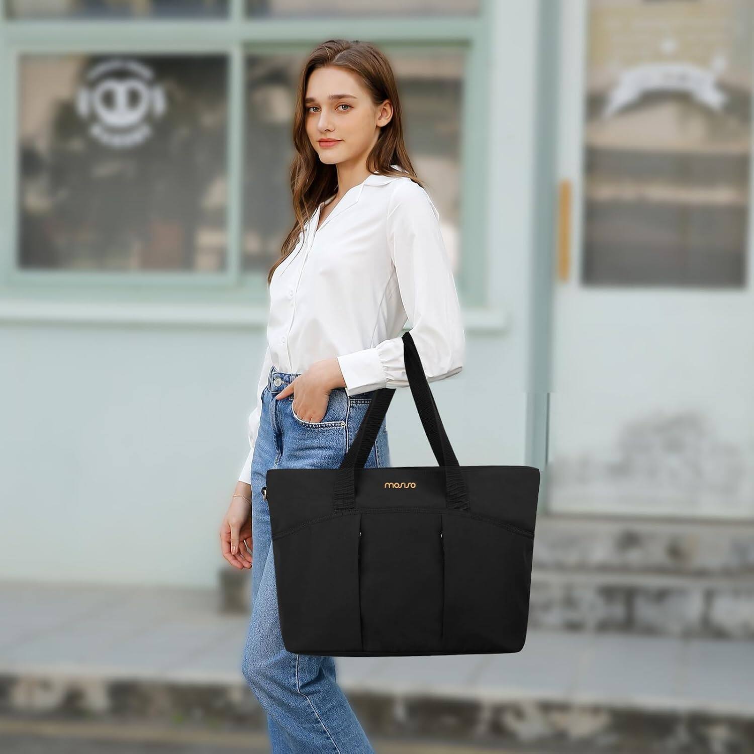 Angle. mosiso - Canvas Laptop Tote Bag Large Capacity Beach Pool Bag with Laptop Compartment for Travel Work Teacher Gym Nursing College - Black.