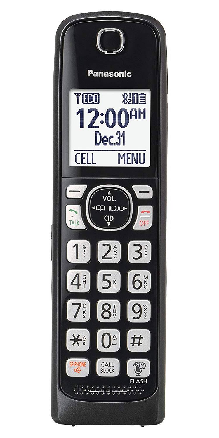 Panasonic T ECO $21 1 12:00 AM Dec.31 CELL MENU TALK VOL. REDIAL CID OFF 1 2 3 ABC DEF 4 GHI JKL 5 6 MNO 7 PORS TUV 8 9 WXYZ 0 SP-PHONE CALL BLOCK # ? FLASH