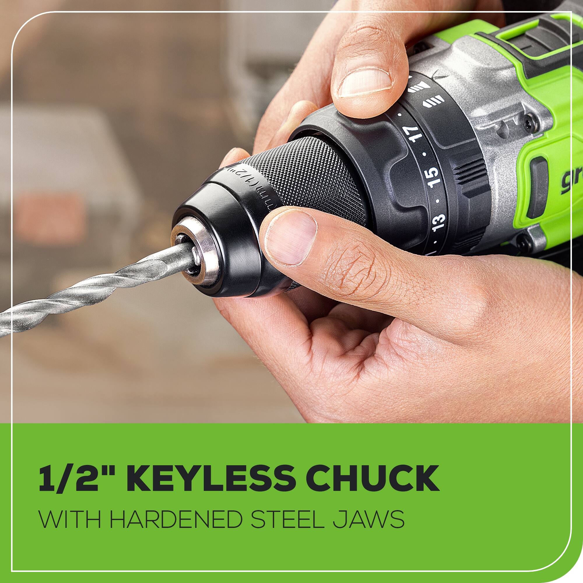 1/2" KEYLESS CHUCK WITH HARDENED STEEL JAWS