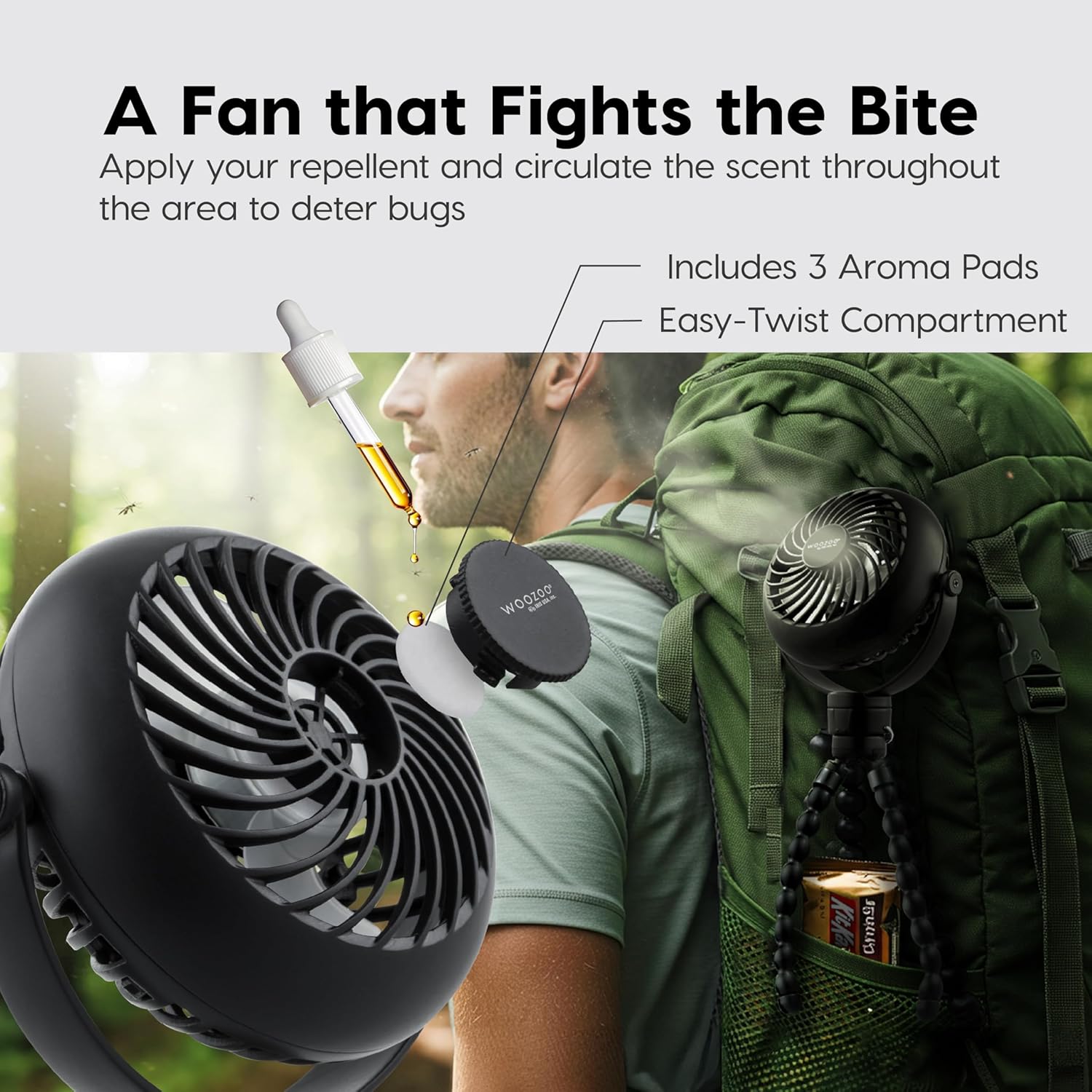 A Fan that Fights the Bite  
Apply your repellent and circulate the scent throughout the area to deter bugs  
Includes 3 Aroma Pads  
Easy-Twist Compartment