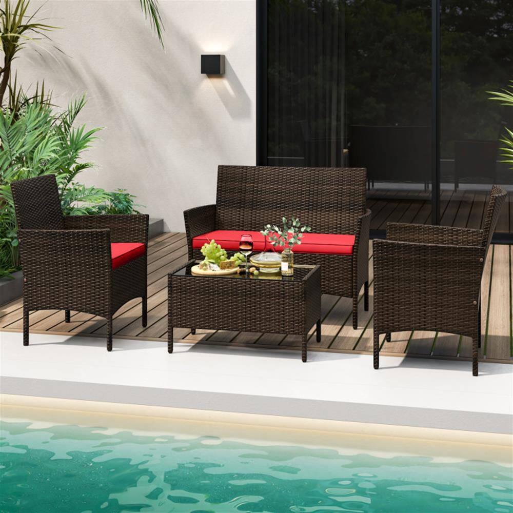 Alt View 4. Kadyn - Patio Furniture Sets,Outdoor & Patio Furniture Sets,4 Piece Patio Rattan Conversation Set with Cozy Seat Cushions-Red - Red.