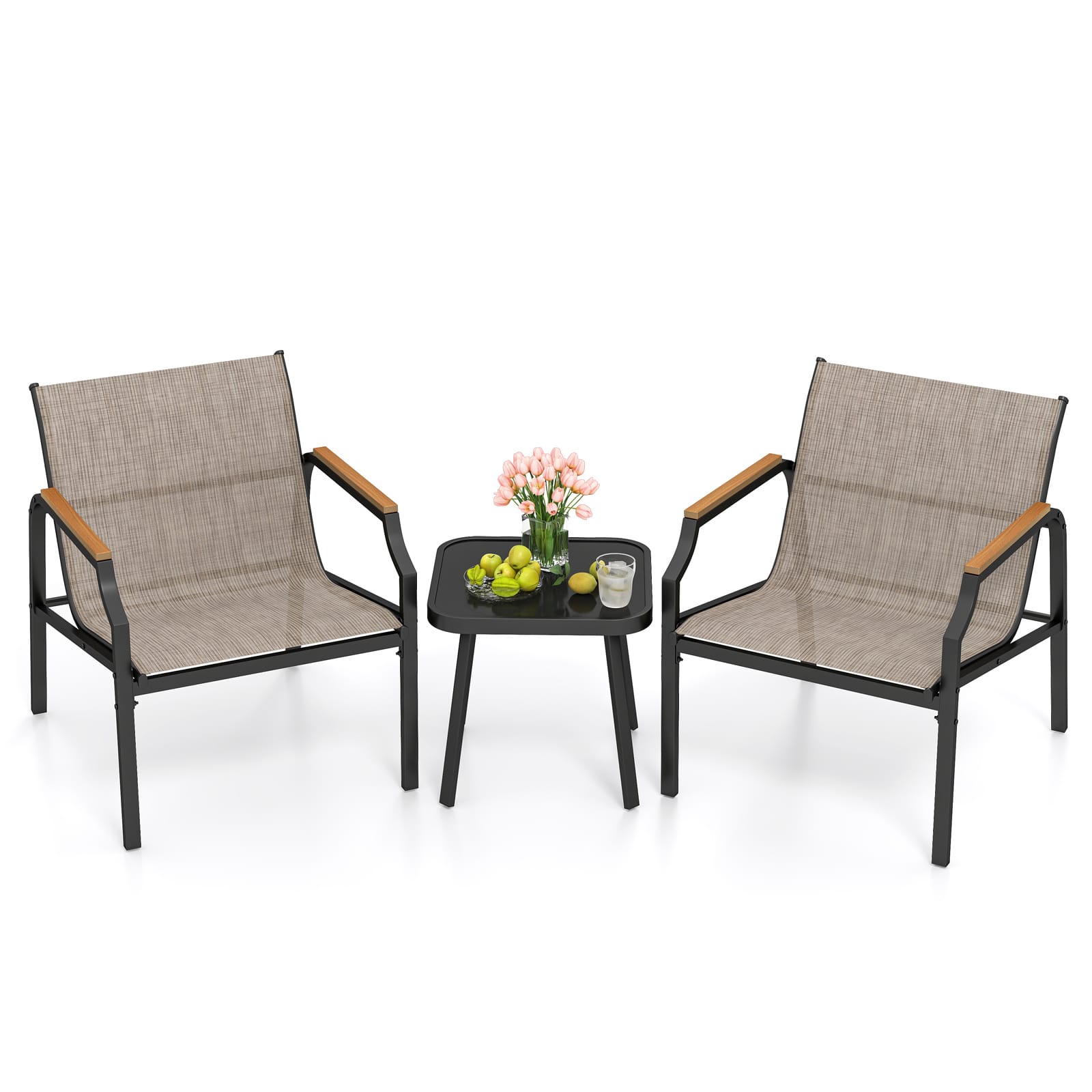 Gymax - 3 PCS Outdoor Chair Set Metal Frame Armchair & Table w/ Breathable Fabric Seat - Brown, Black