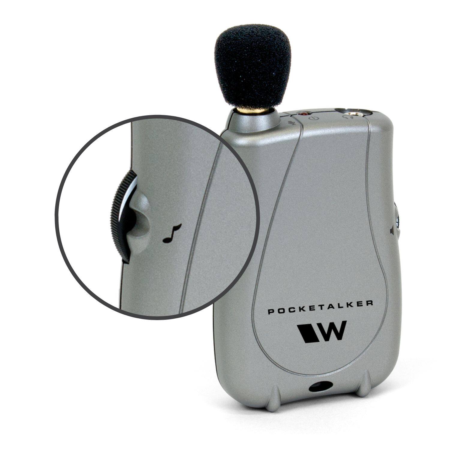 Left View: Williams Sound PocketTalker Ultra System with Rear-wear Headphone