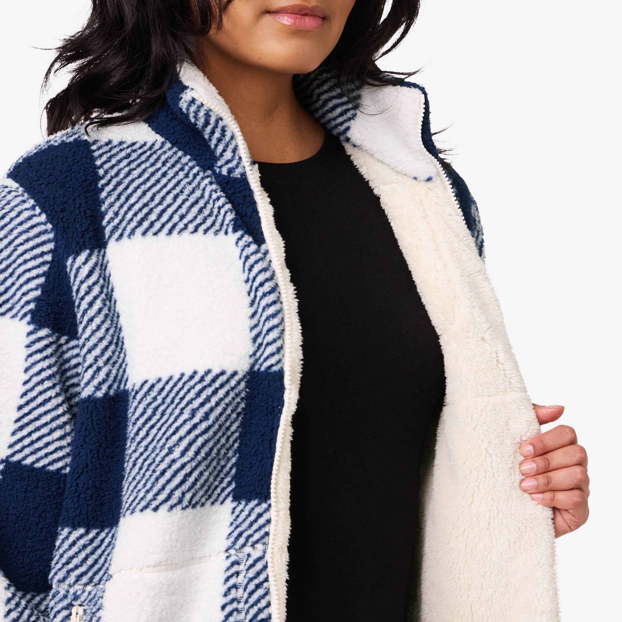 Alt View 6. Mobile Warming - Women's Upland Sherpa Printed Heated Long Jacket - Blue Plaid.